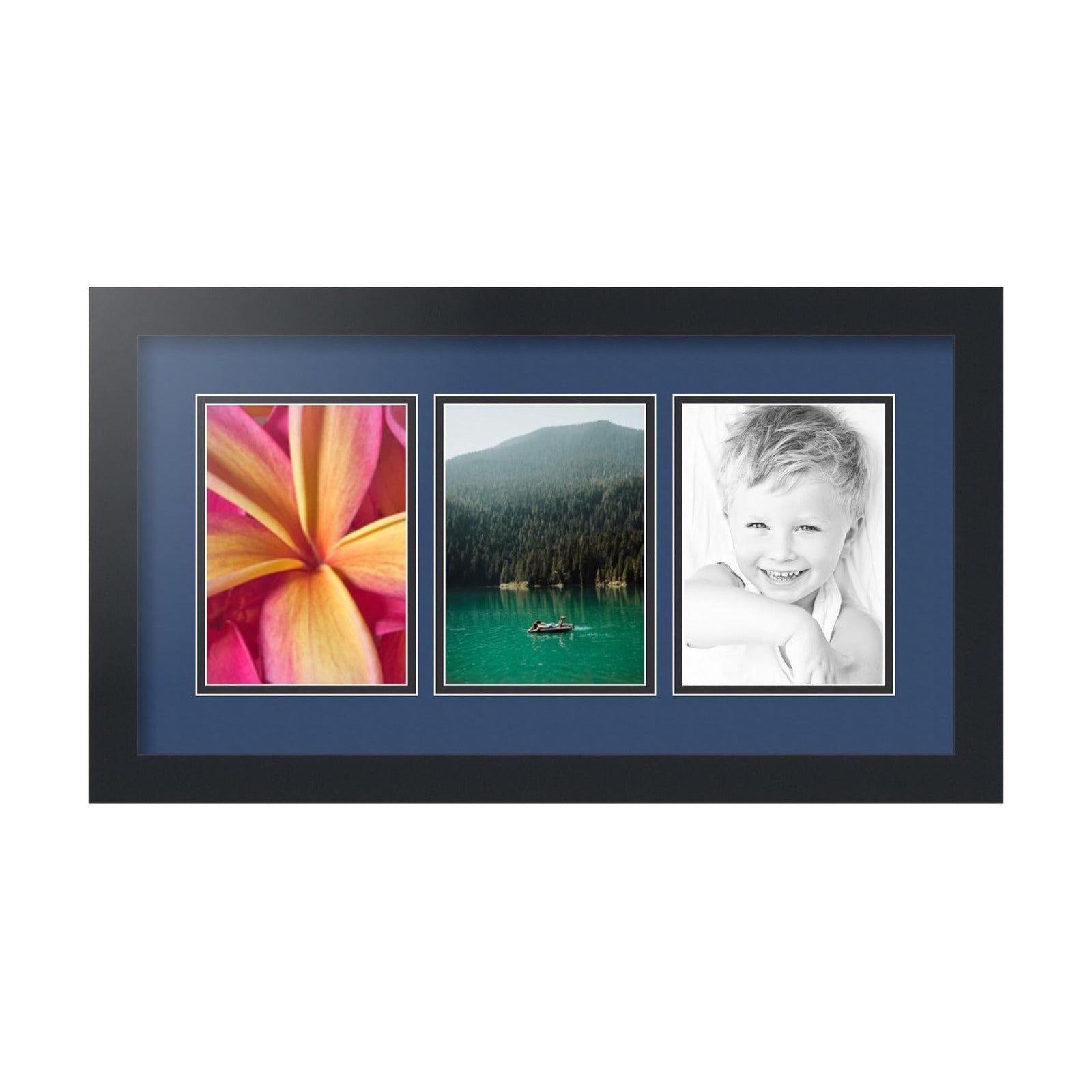 ArtToFrames Collage Picture Frame 3 Opening 3-5x7 Photo Frame | Made in USA | Black Frame Delft Blue and Black Mats
