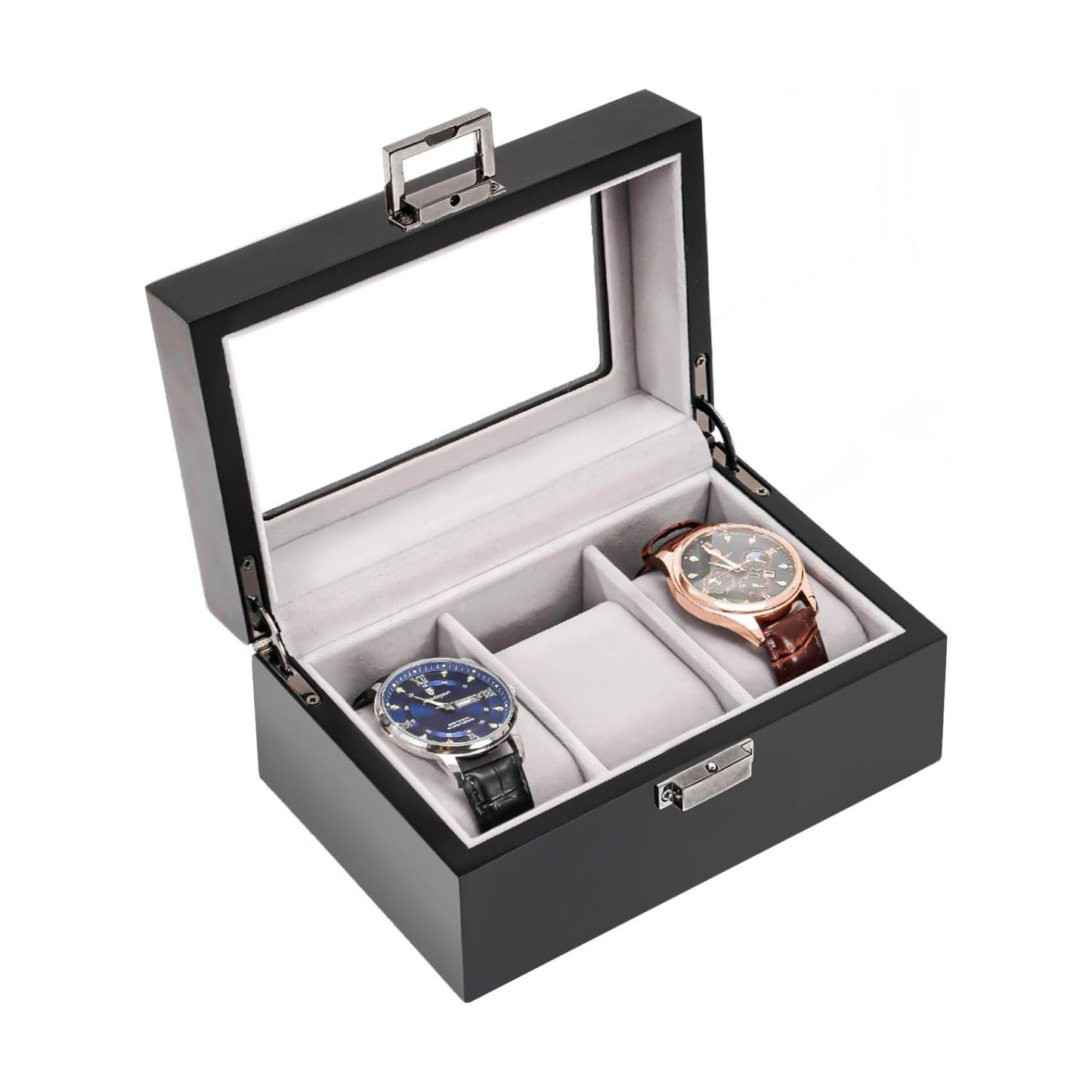 ProCase Wooden Watch Box, 3 Slot Mens Watch Display Case, MatteBlack | Wood Watches Holder Storage Organizer with Clear
