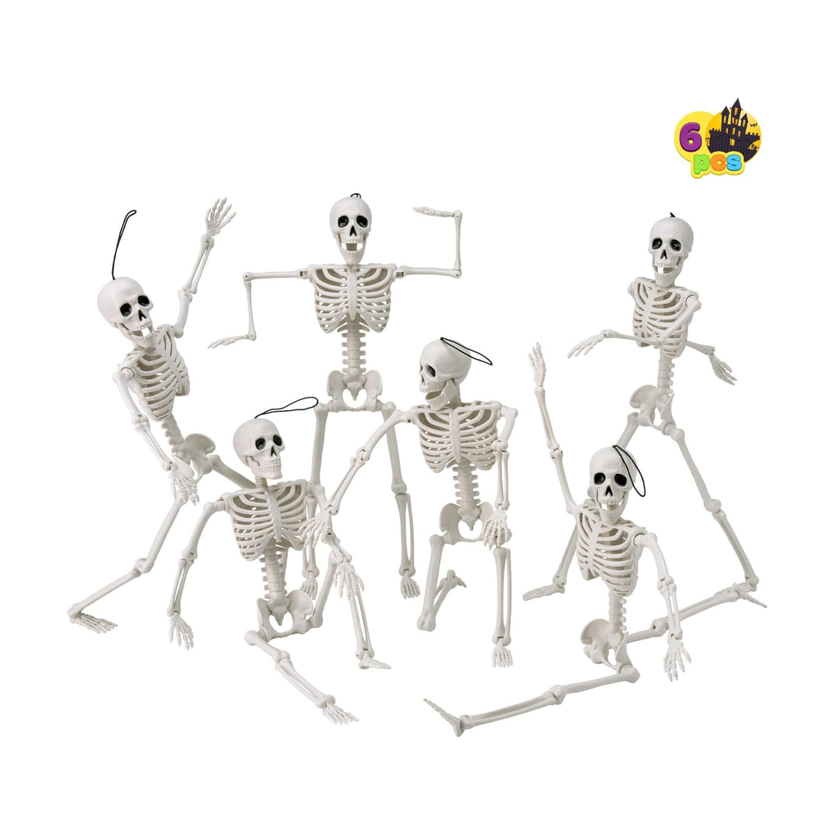 JOYIN 6 PCS 16" Halloween Skeleton Decor, Full Body Posable Movable Joints, Hanging Skeletons for Halloween Decoration Indoor Outdoor, Graveyard Haunted House Prop, Spooky Scene Party Favor