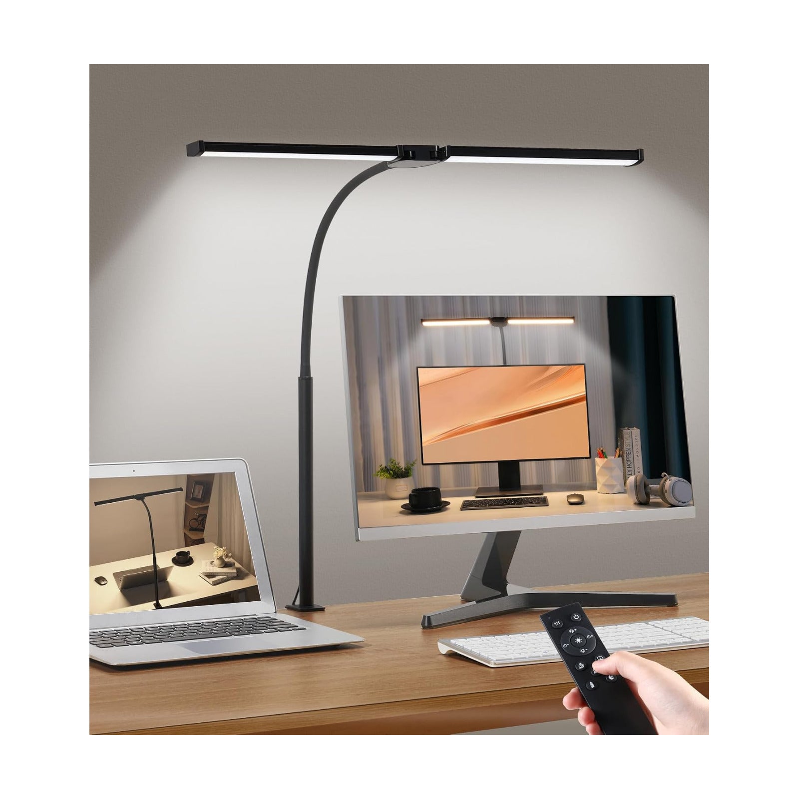 Motumen Led Desk Lamp for Home Office, Eye-Care Desk Light Clamp, Black | Smart Double Head Computer Monitor Table Clip