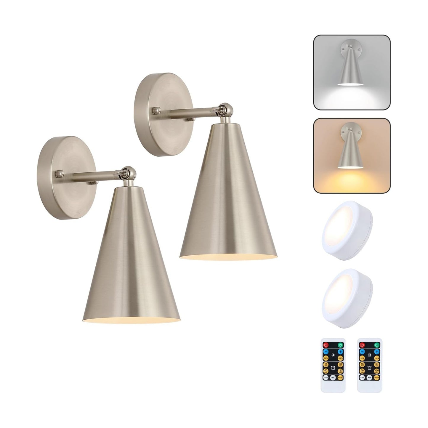 MWZ Brushed Nickel Battery Operated Wall Sconces Set of Two,Wireless Lighting with Remote Control, Modern Dimmable 2