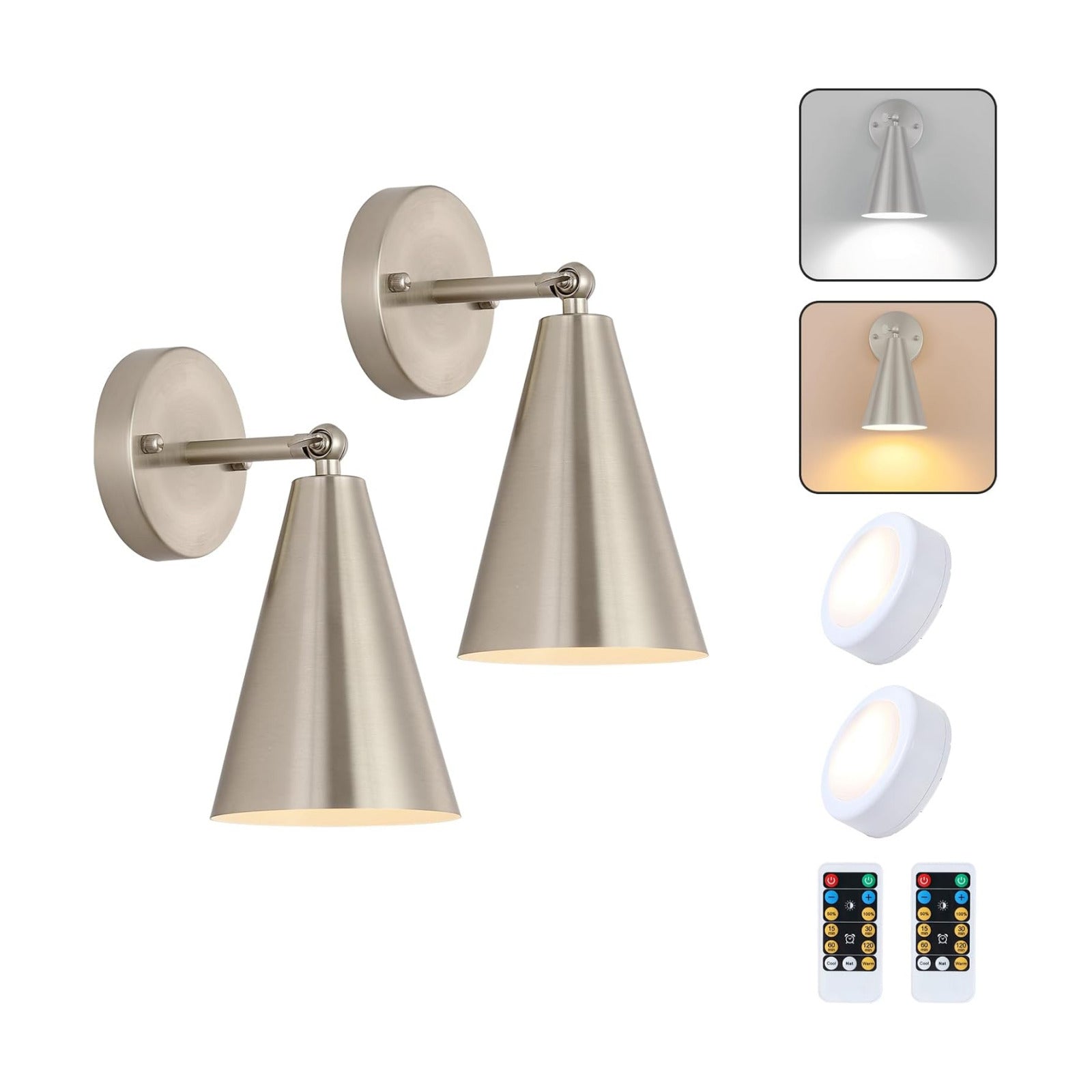 MWZ Brushed Nickel Battery Operated Wall Sconces Set of Two,Wireless Lighting with Remote Control, Modern Dimmable 2