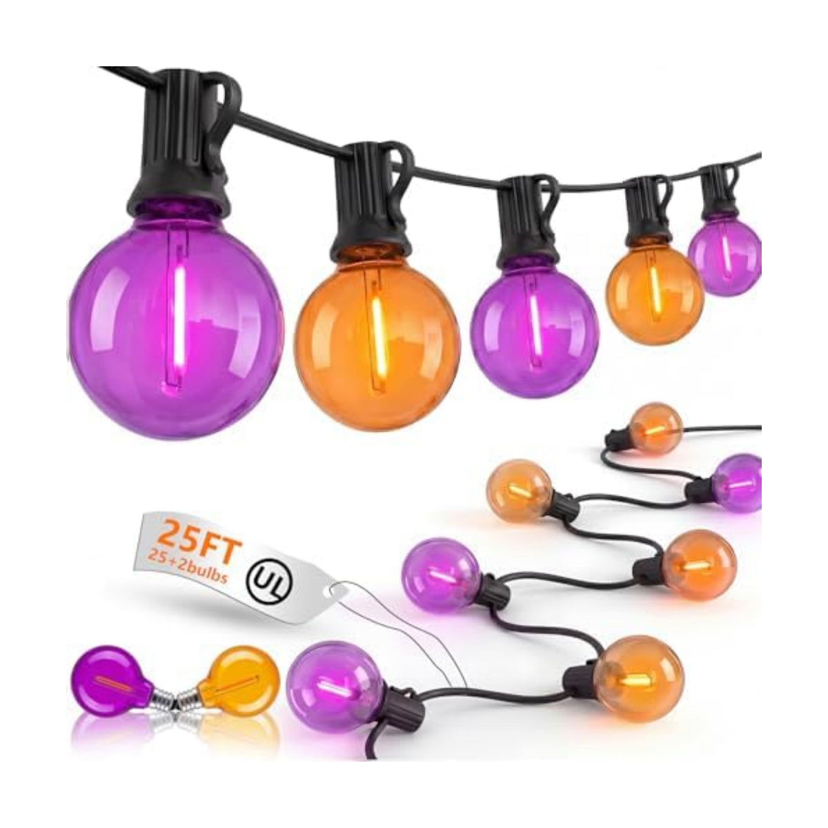 25FT G40 LED Outdoor Halloween String Lights, Orange and Purple Halloween Decorations Lights with 27 Shatterproof Globe Bulbs(2 Spare), Hanging Patio Lights for Holiday Balcony Backyard Party Garden