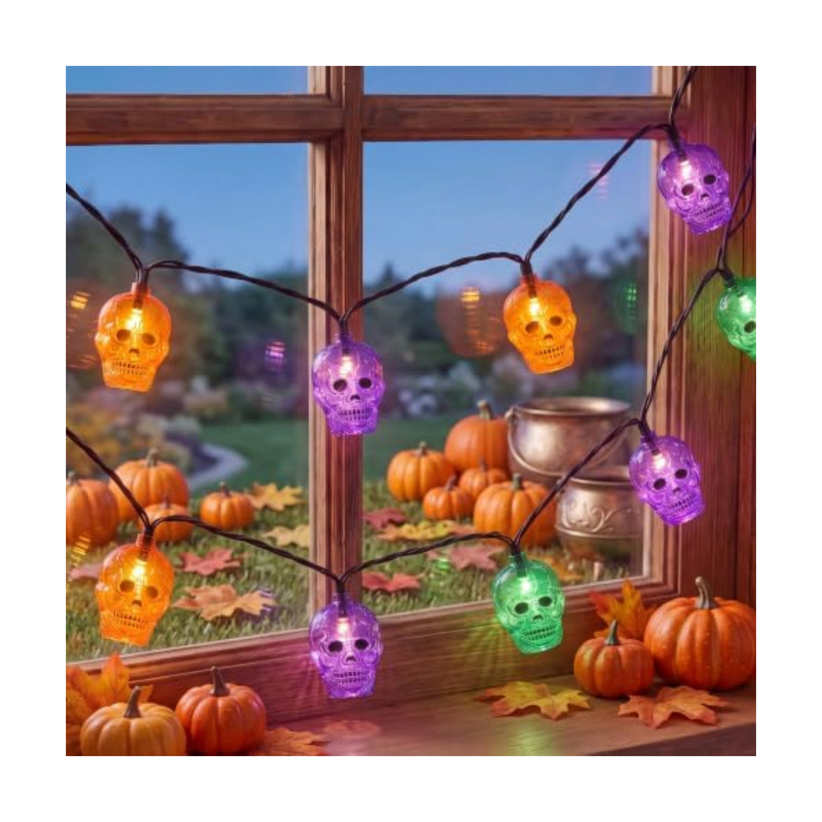 8.5Ft Outdoor Halloween Skull String Lights, 10 Plug in Ghost Head Lights