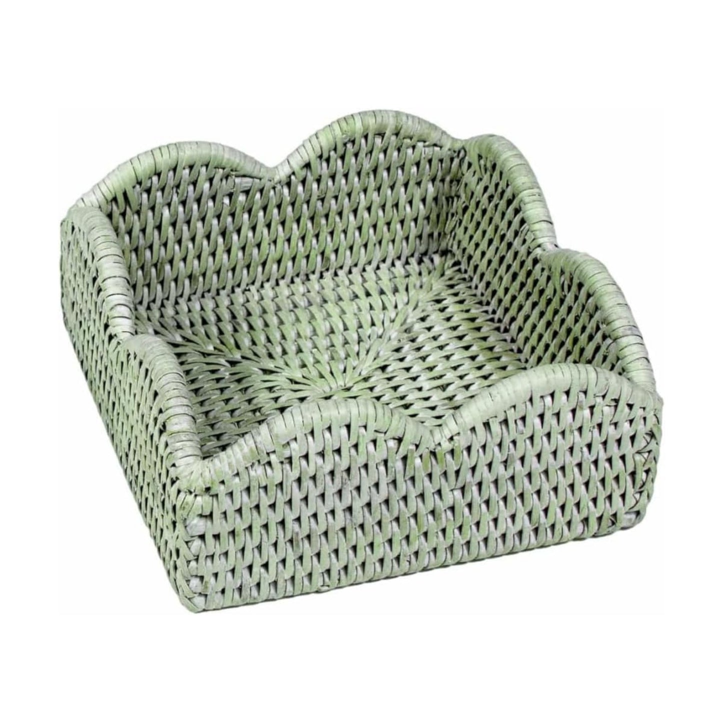 Rattan Scalloped Napkin Holder / Cocktail / Green / 6 Inch