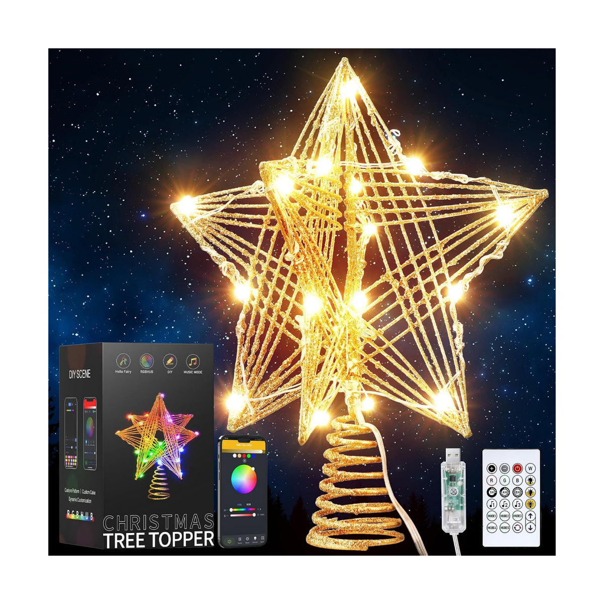 ODEETRONIC Smart Christmas Tree Topper, 8" RGB Star Tree Topper, 20LED 3D Hollow Color Changing Lighted Tree Top, APP & Remote Control Music Sync Gold Glitter Tree Topper for Xmas Indoor Party Holiday