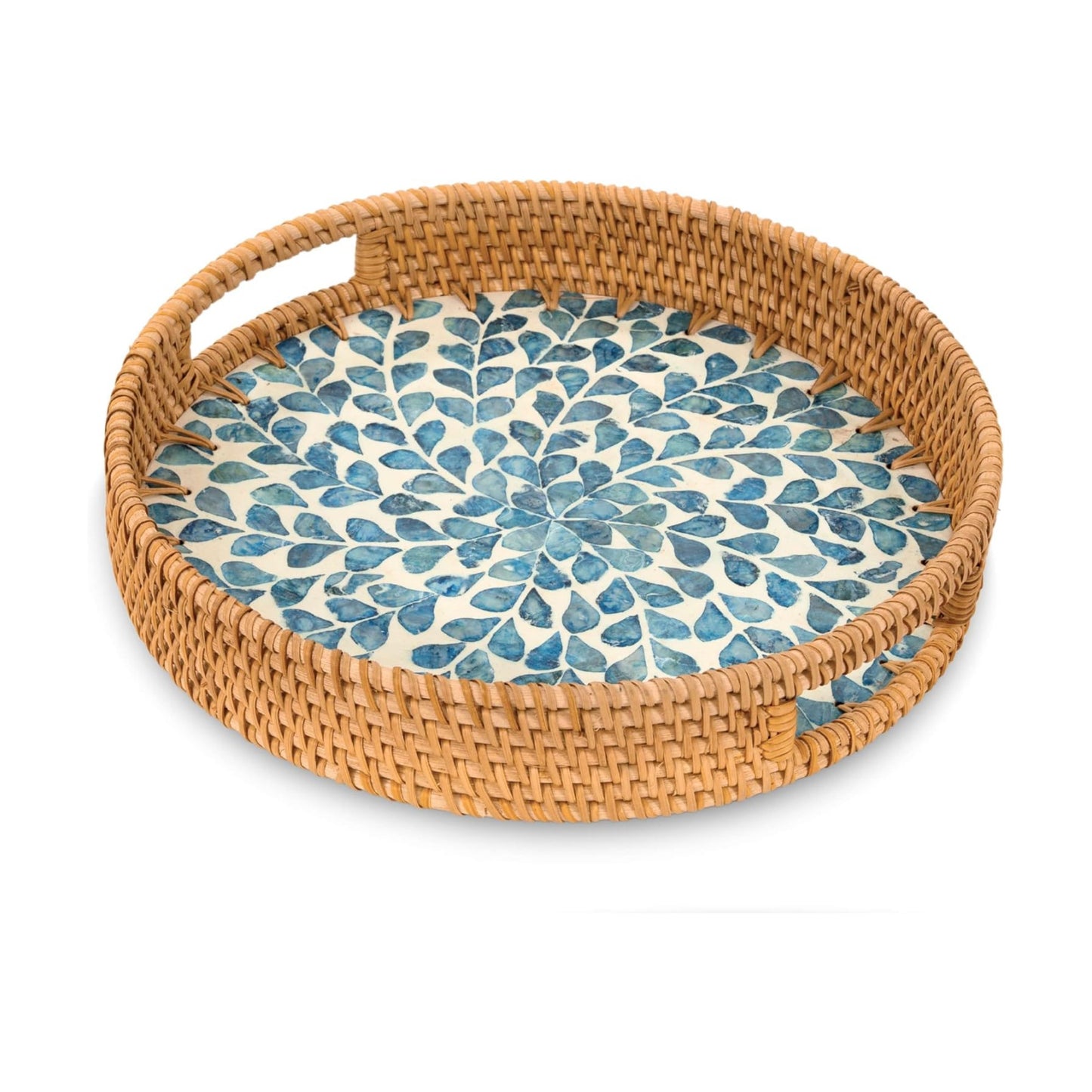 Round Rattan Tray / Blue Leaves