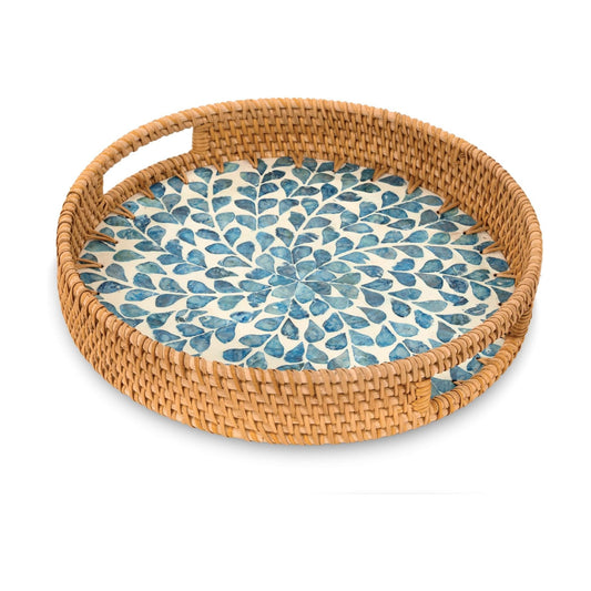 Round Rattan Tray / Blue Leaves