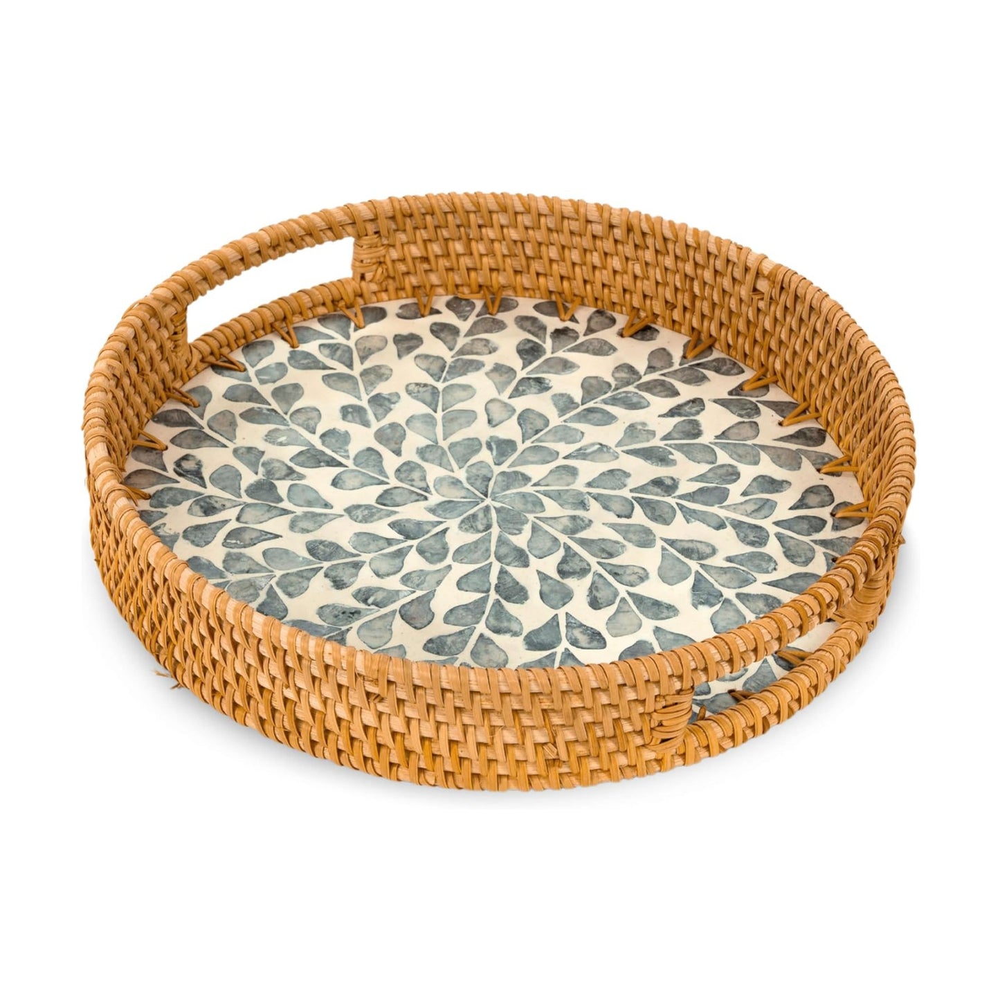 Round Rattan Tray / White- Black Leaves