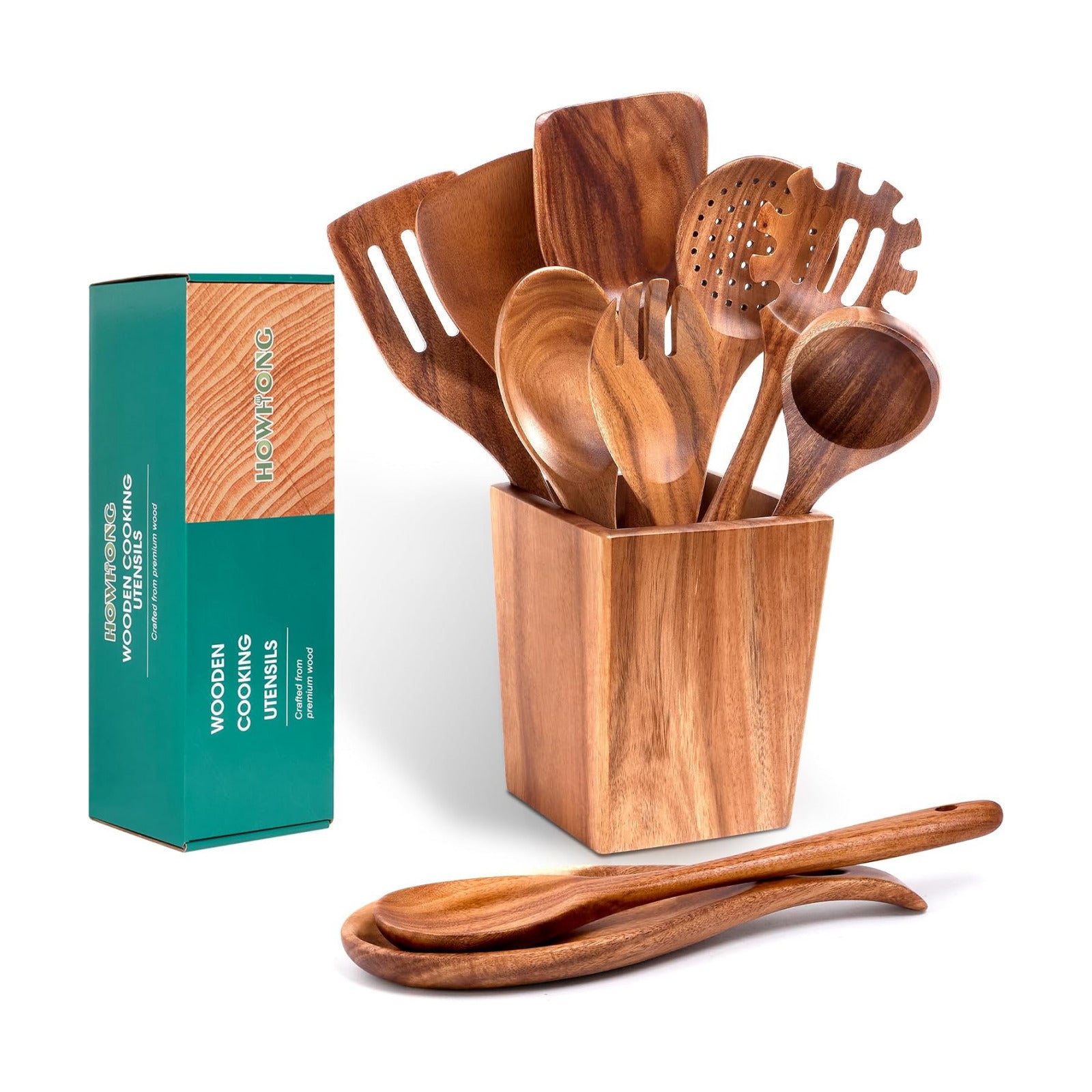 HOWHONG Wooden Spoons for Cooking, 11-Piece Wooden Utensil Set with Holder | Acacia Wood, Wooden Cooking Utensils