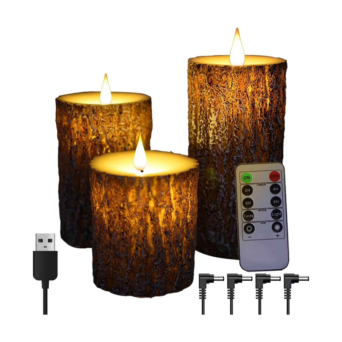 NICEME Rechargeable LED Pine Bark Flameless Candles with Timer Remote USB Cable, Brown Real Wax USB Candles Flickering