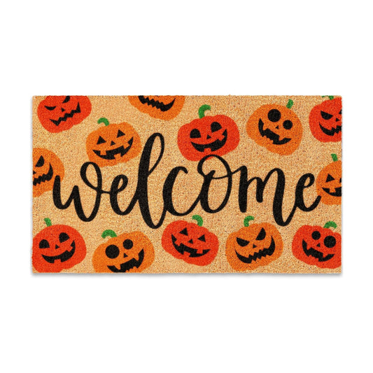 JarThenaAMCS Halloween Natural Coir Doormat Red Orange Evil Pumpkin Welcome Floor Mat Non-Slip Entrance Door Rugs for Indoor Outdoor Bathroom Decor, 16.5 x 29 Inch