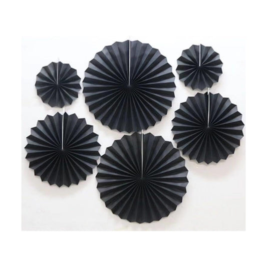 JEYE Black Hanging Paper Fans Party Decoration Set Wall Background Ceiling Hanging Decor for Birthday Graduation Halloween Party, Mix Set of 6pcs