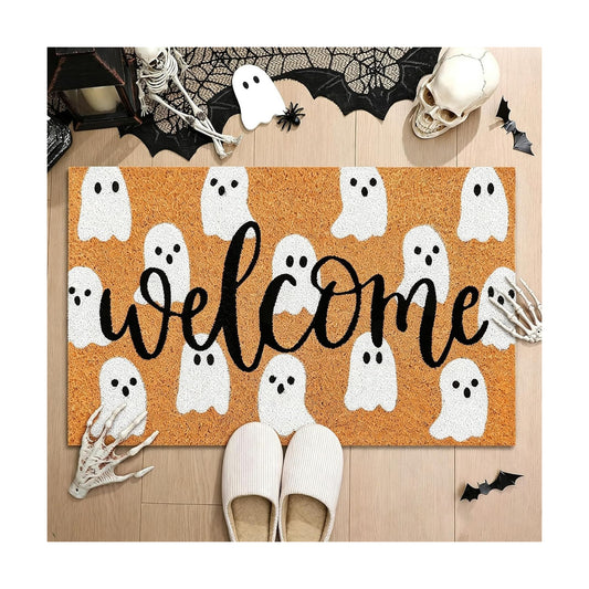 JarThenaAMCS Halloween Natural Coir Doormat Cute Ghost Welcome Floor Mat Non-Slip Entrance Door Rugs for Indoor Outdoor Bathroom Porch Decor, 16.5 x 29 Inch