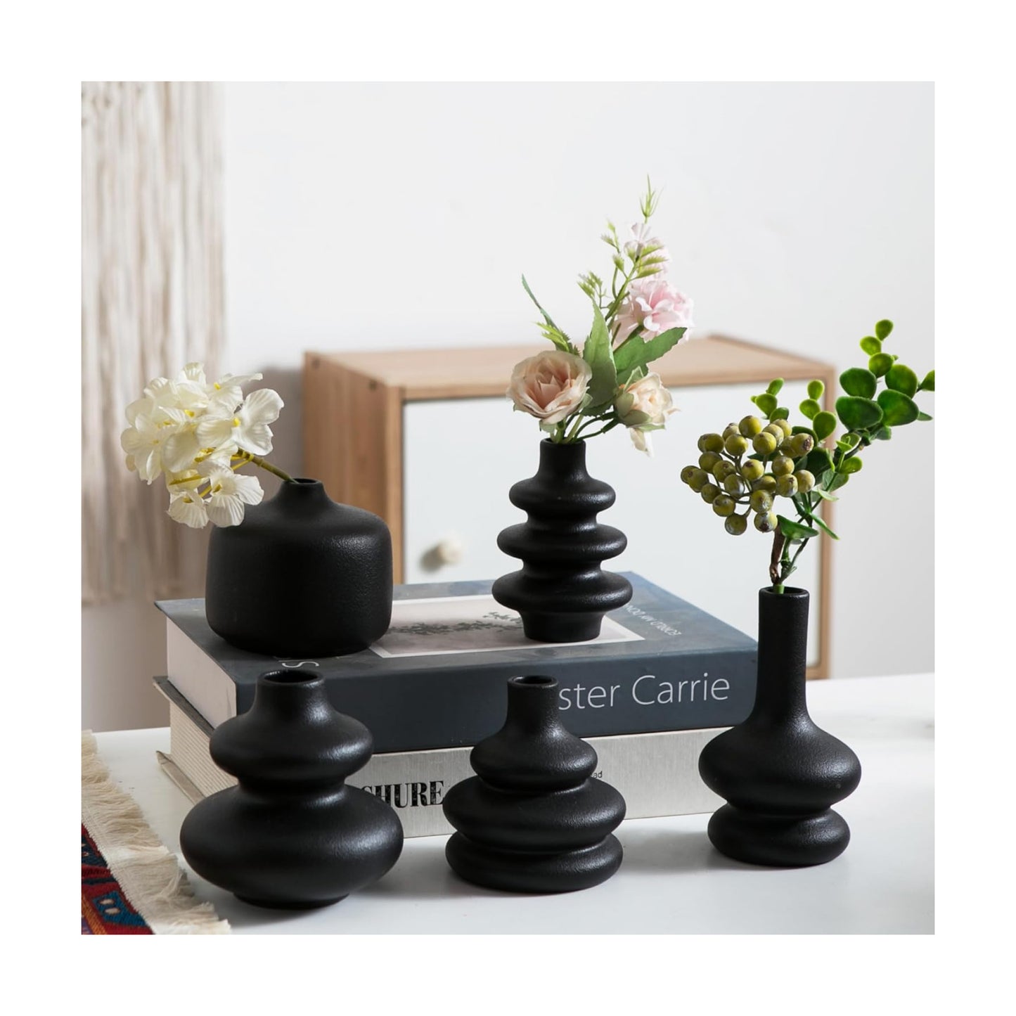 Boho Vases / Black Ceramic Bud Vase / Matte Black Vase / Set of 5