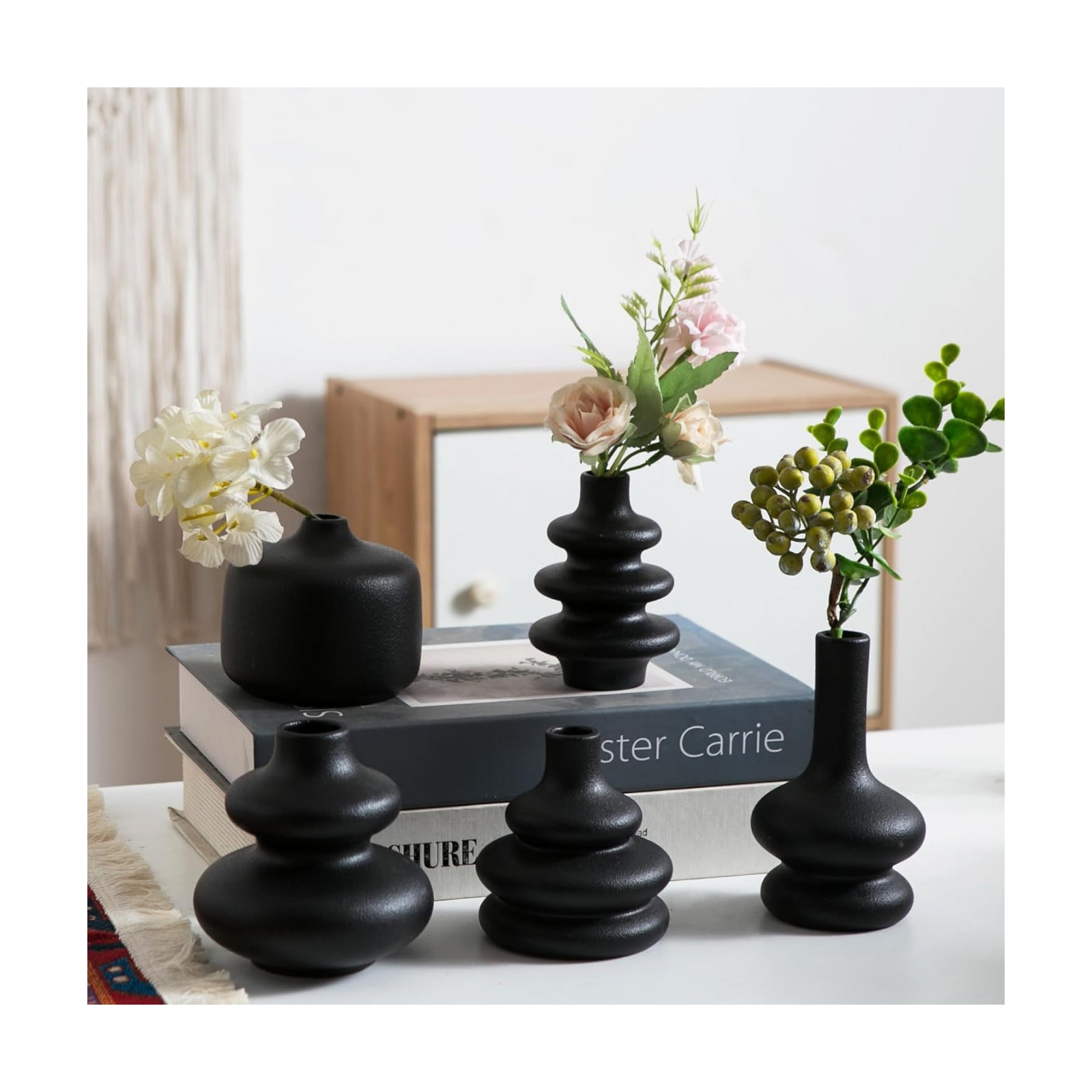 Boho Vases / Black Ceramic Bud Vase / Matte Black Vase / Set of 5