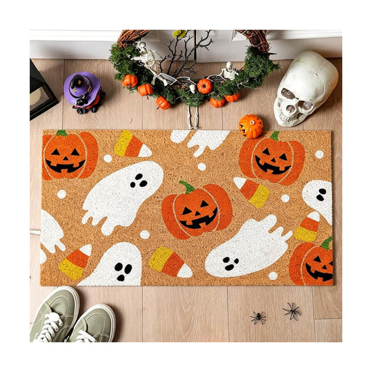 JarThenaAMCS Halloween Natural Coir Doormat Ghost Pumpkin Bat Candy Welcome Floor Mat Non-Slip Entrance Door Rugs for Indoor Outdoor Bathroom Porch Decor, 16.5 x 29 Inch