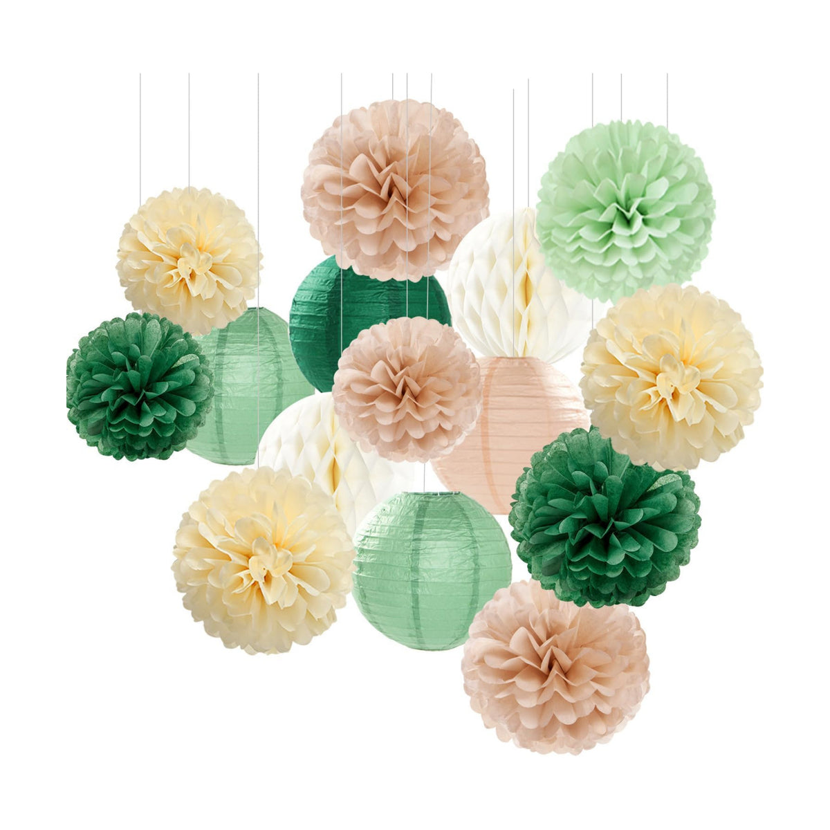Sage-Olive Green Party-Decorations Paper-Flowers Lanterns - 15PCS Safari Boho Birthday Rustic Tissue Pom Poms Streamers, Baby Shower Neutral Garden Wedding Graduation Hanging Supplies Decor Hugfond