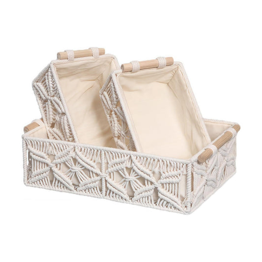 GIB Macrame Storage Basket Boho Decor Boxes Small Woven Baskets for Organizing / White / Set of 3