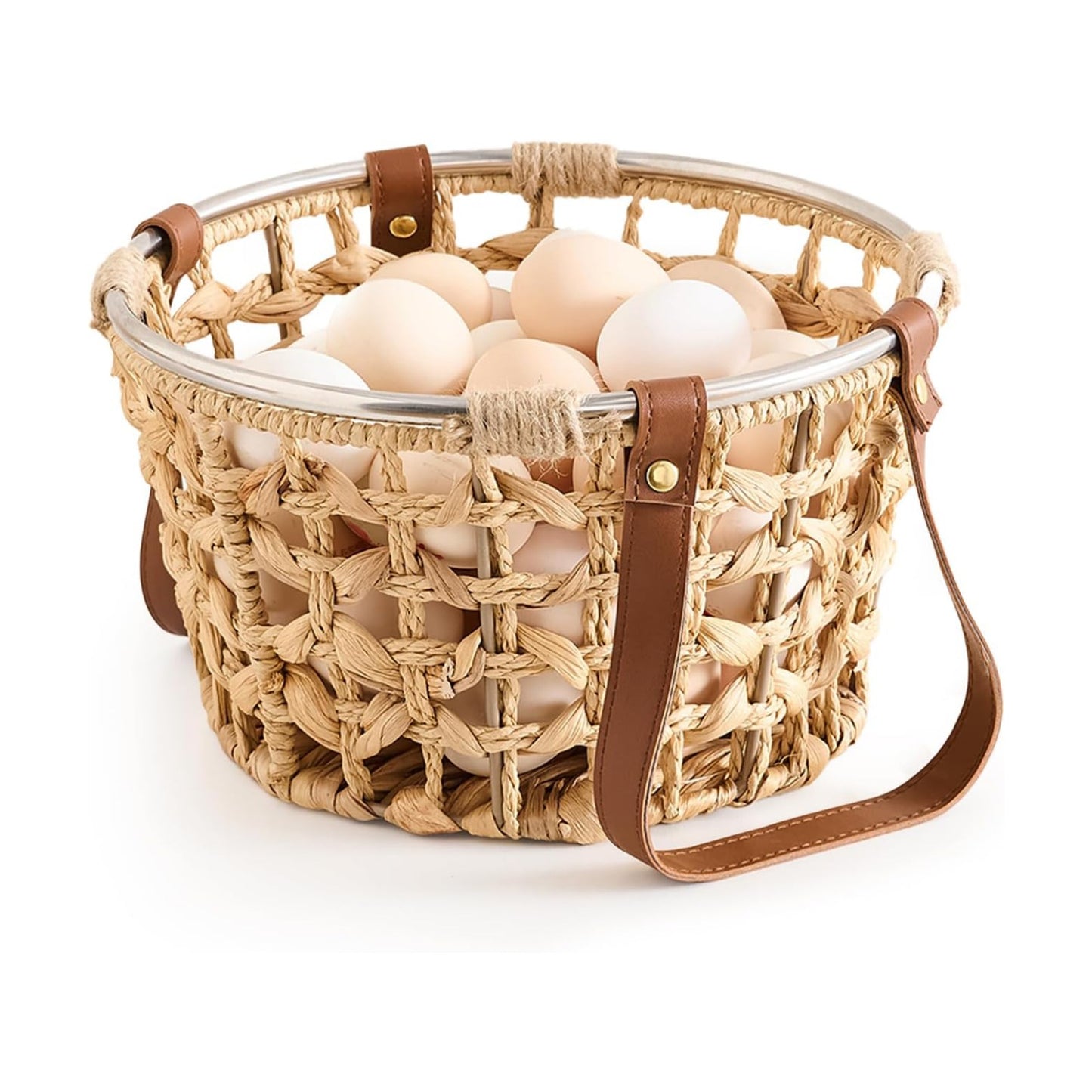 Farmhouse Wicker Egg Basket for Collecting Fresh Eggs / Round-water Hyacinth / Brown