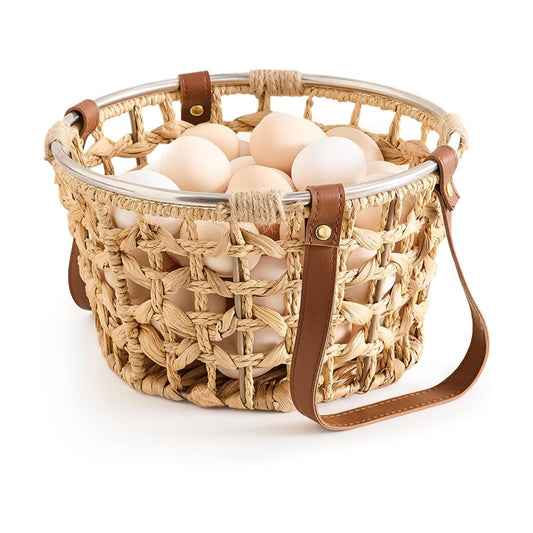 Farmhouse Wicker Egg Basket for Collecting Fresh Eggs / Round-water Hyacinth / Brown