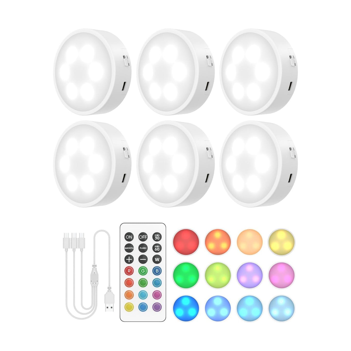 Puck Lights with Remote, Rechargeable White&13 RGB Colors Tap Lights, 6Pack | Under Cabinet Lights with Dimmer and