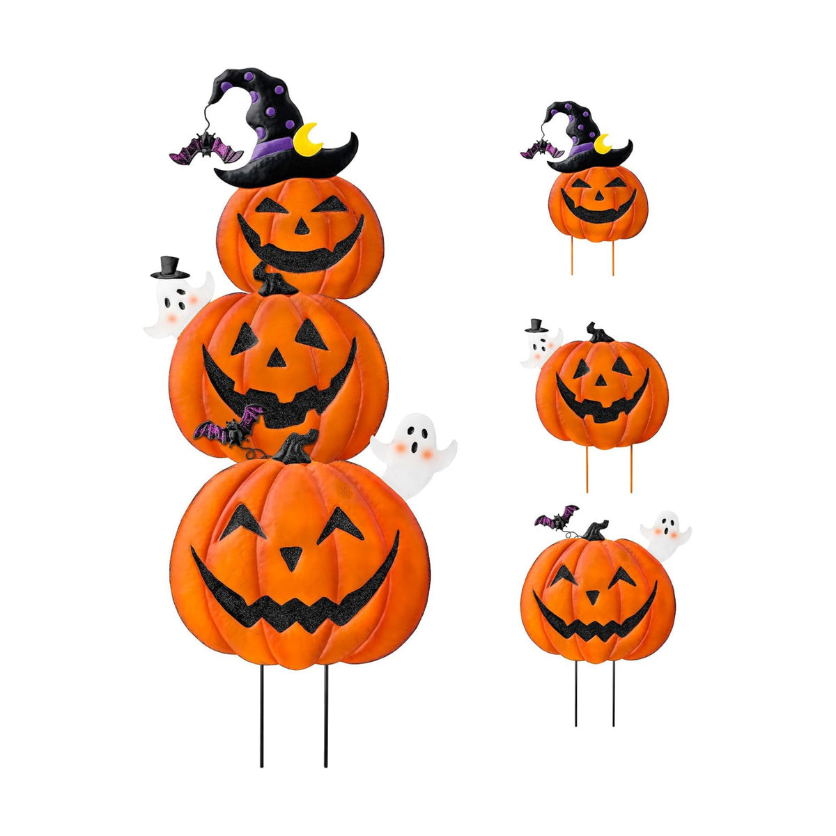 39.8" Halloween Garden Stakes, Stacked Metal Pumpkins Jack-o-Lantern Lawn Decor with Witch Hat, Shimmering Metal Yard Signs Stake Outdoor Decorative Pumpkin for Home Lawn Pathway Decor