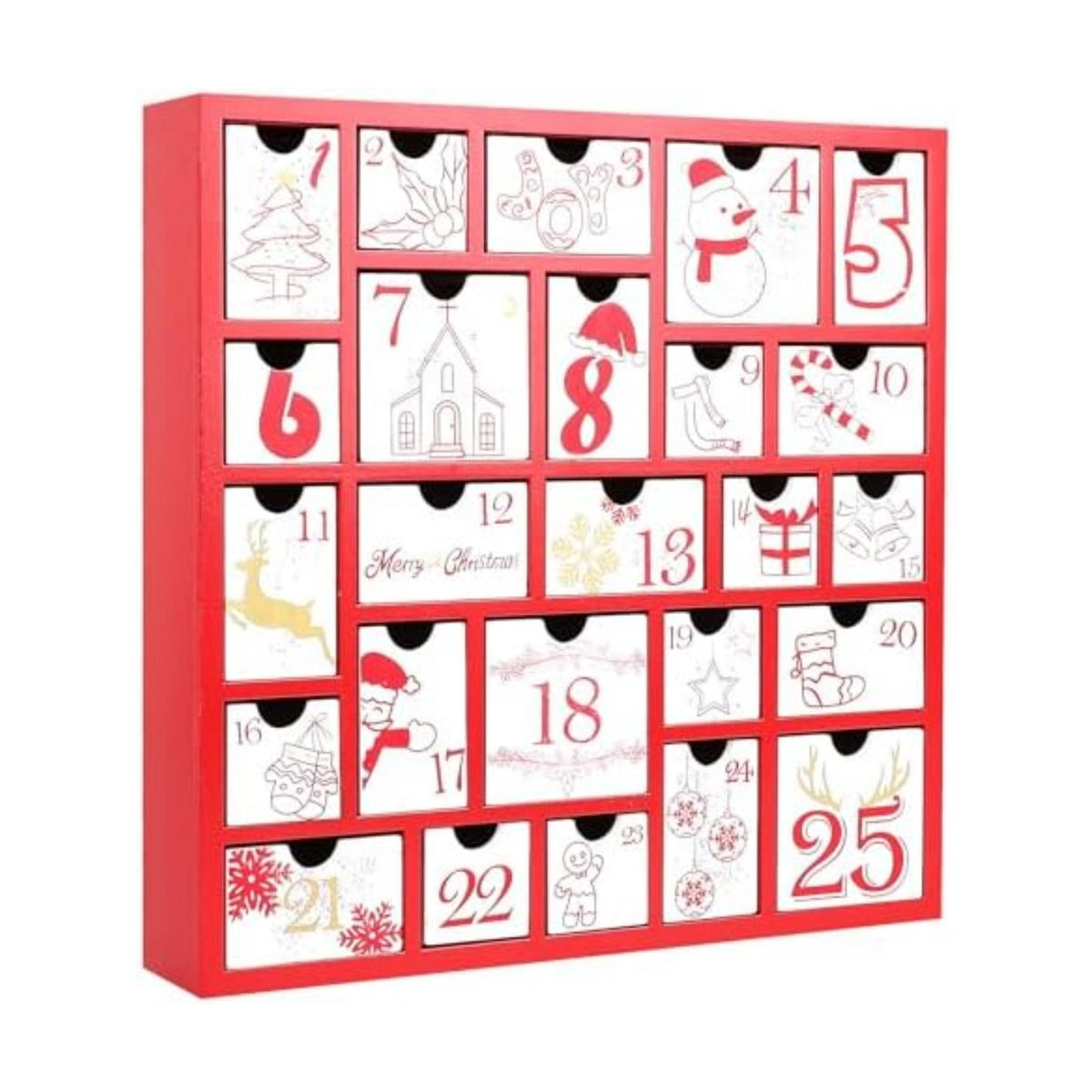 CCINEE Christmas Wooden Advent Calendar with 25 Large Drawers, Countdown to Christmas Decoration Large Size Xmas Countdown Calendar 2024 Hand Painted Refillable Advent for Holiday Decoration(Red)