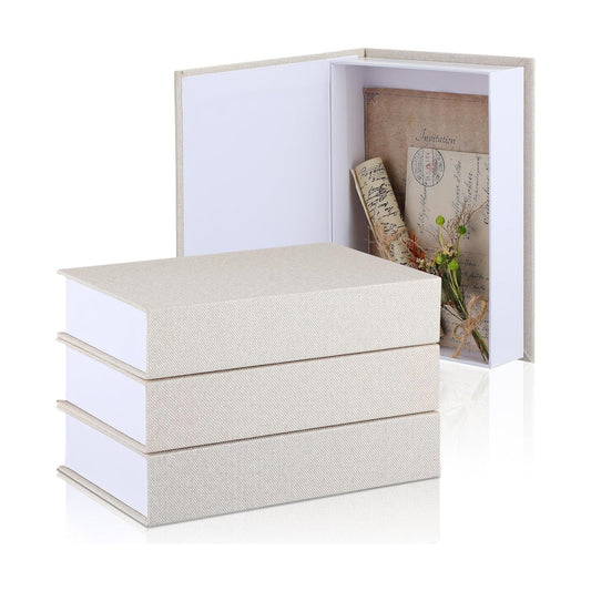 Fake Book Box Neutral Linen Book Box Decorative Faux Prop / 8.6 x 6.1 x 1.8 / Rice White / Set of 3