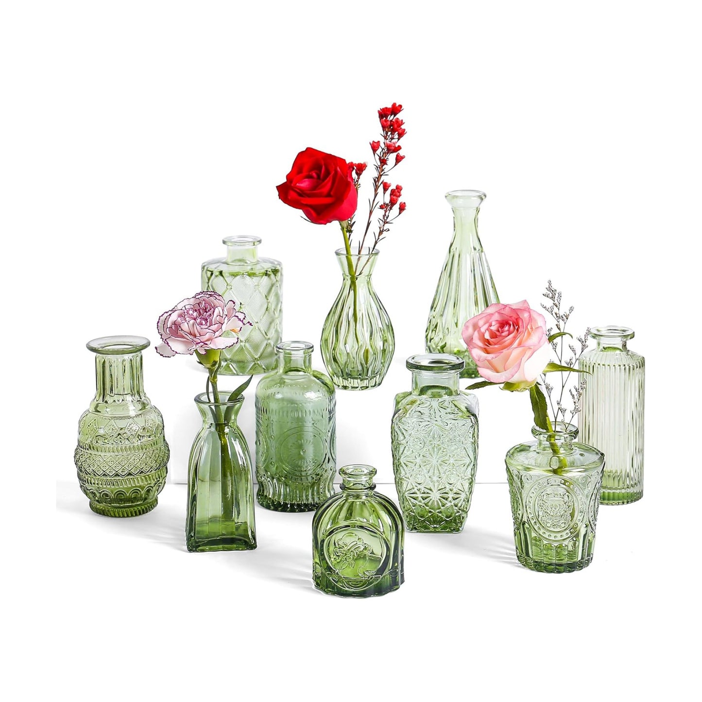 Vintage Small Glass Vases / Hunt Green / Set of 10