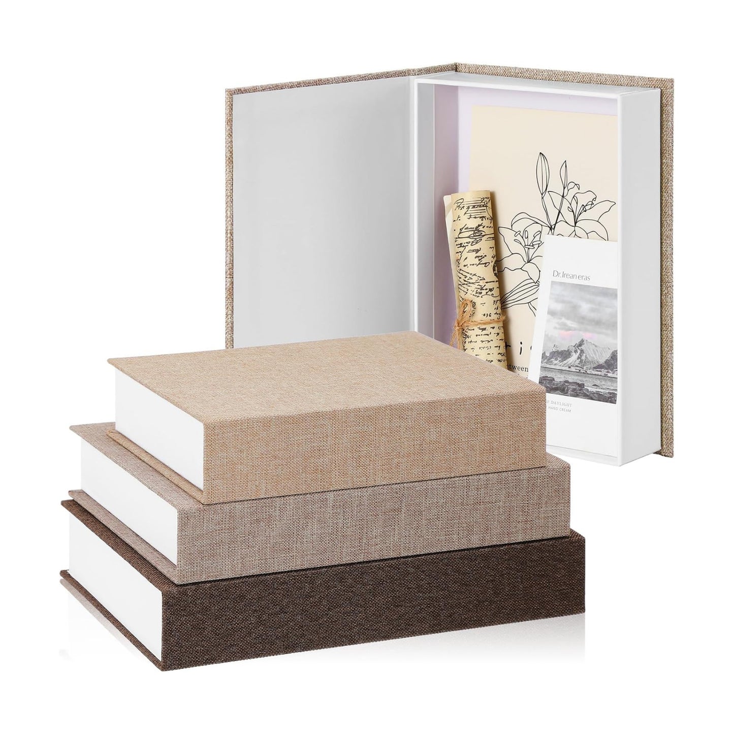 Fake Book Box Neutral Linen Book Box / Multi Sizes / Khaki, Dark Coffee, Light Coffee / Set of 3