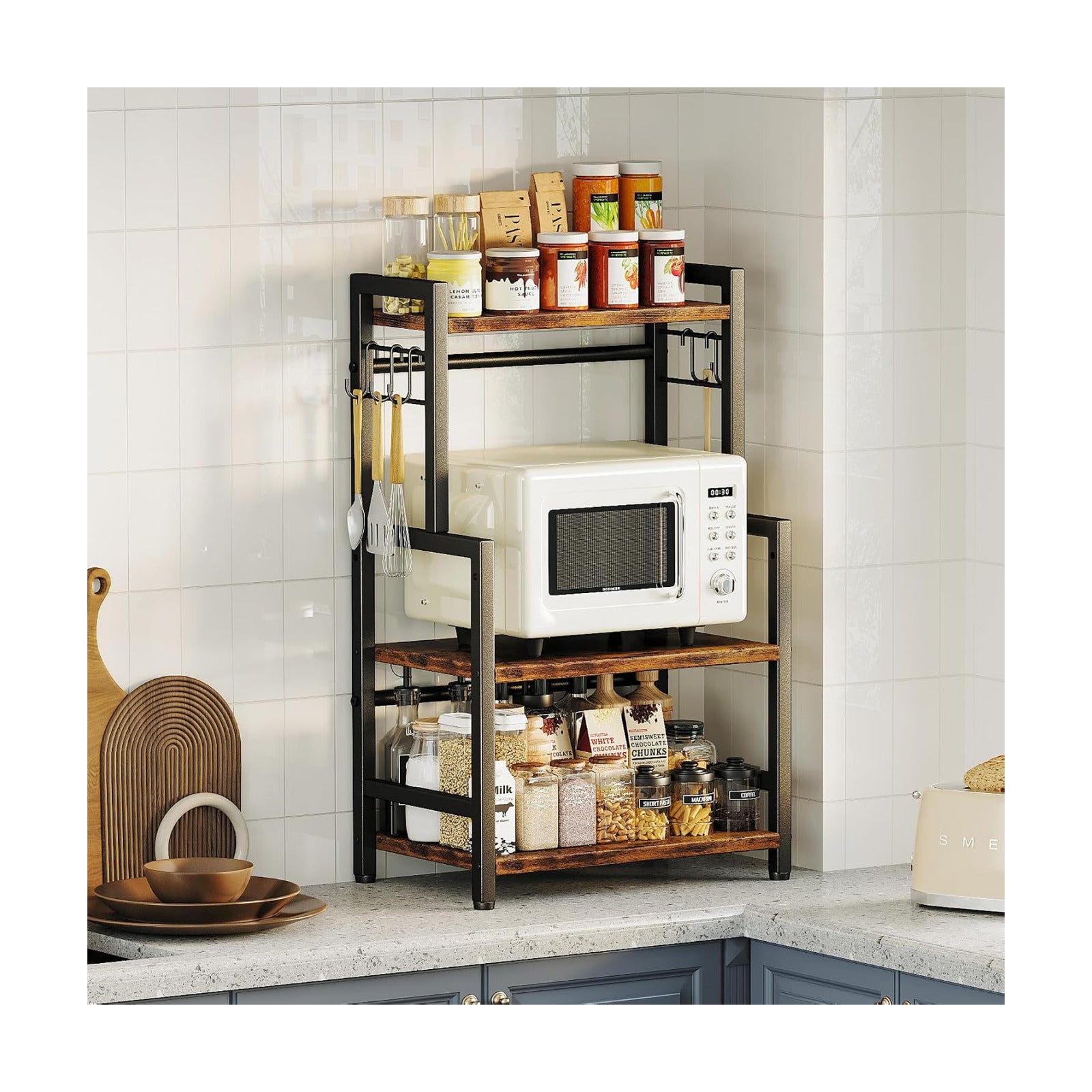 Kitchen Countertop Organizer,3 Tier Large Spice Rack Organizer with Adjustable Shelf and 5 Hooks,Wooden Counter