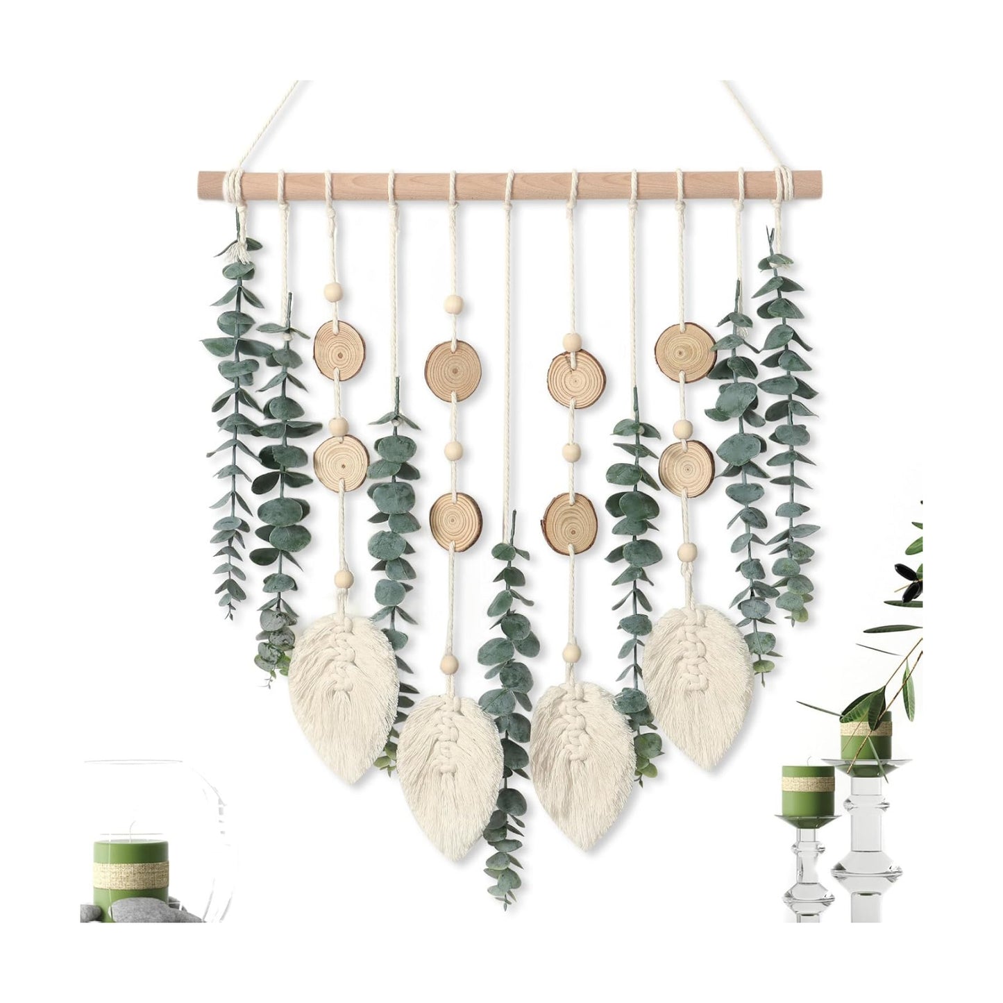 Fake Eucalyptus Stems Plants Wooden Stick Macrame / Green Eucalyptus with Macrame Leaves