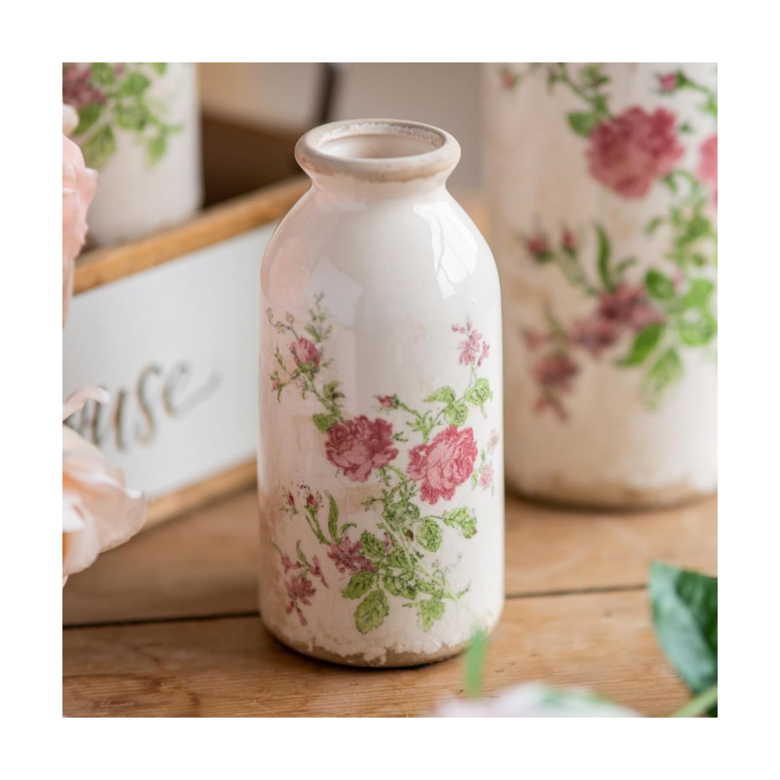 Boho Vase / Ceramic Rustic Farmhouse Vase / Pink Flora / 6 Inch