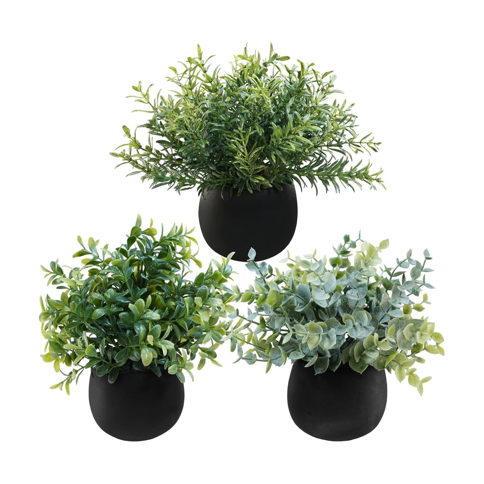 Small Potted Faux Plants 8" Artificial Eucalyptus Rosemary Boxwood Plants / Black Pots / Set of 3