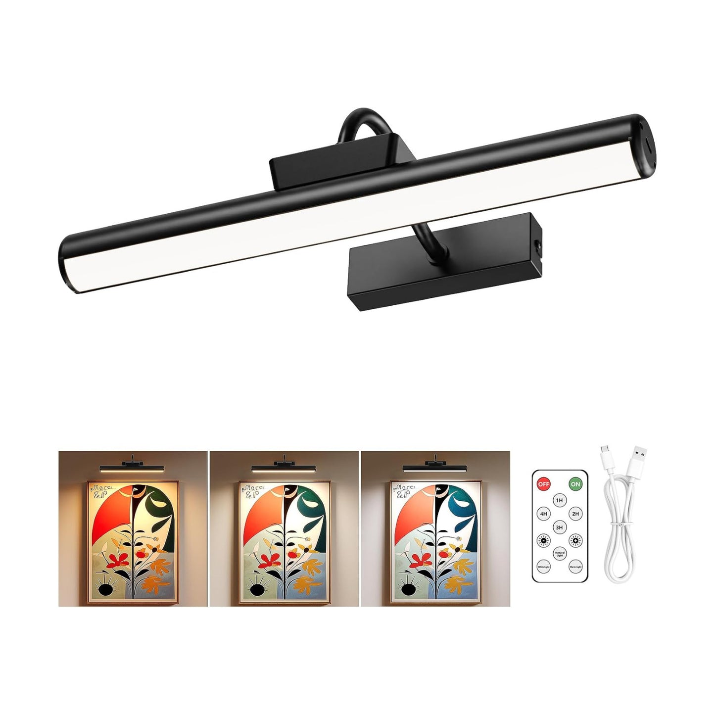 13" Wireless Picture Lights for Wall, Rechargeable Art Light, 1Pack Black | Aluminum Photo Frame Light, Remote & Touch