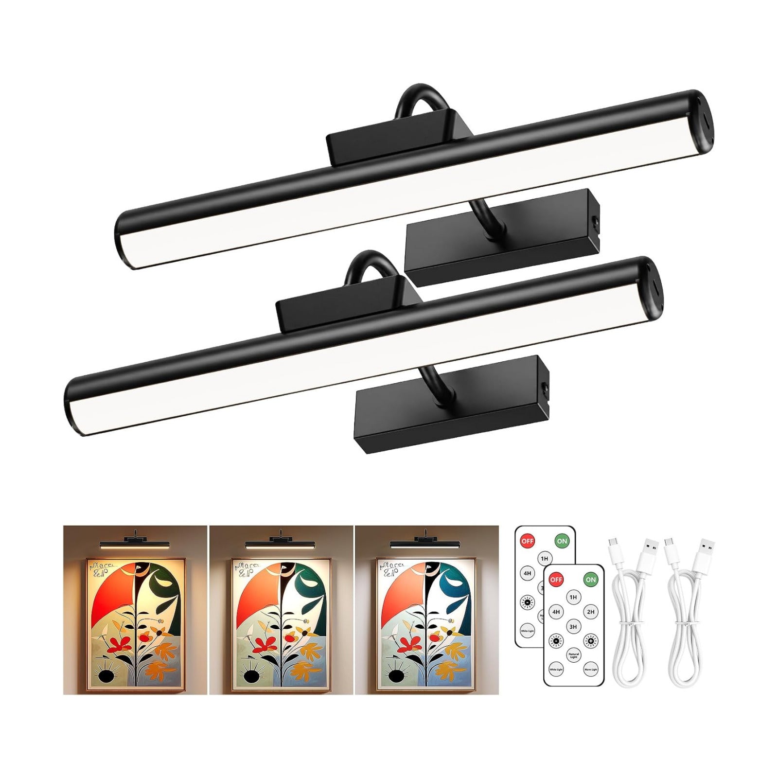 13" Wireless Picture Lights for Wall, Rechargeable Art Light, 2Pack Black | Aluminum Photo Frame Light, Remote & Touch