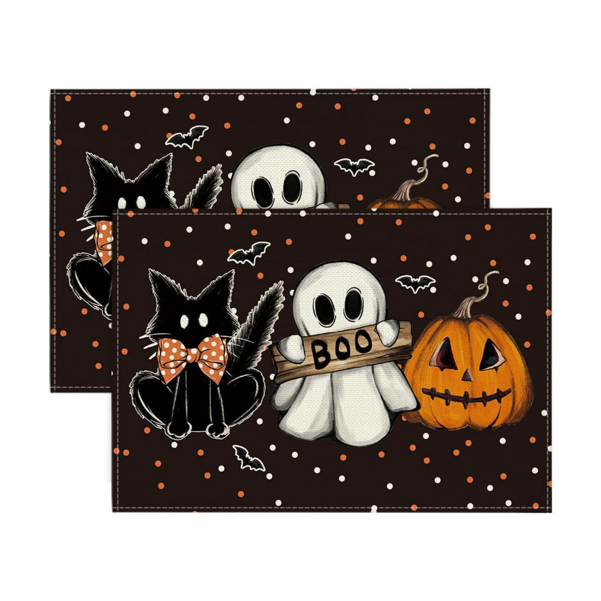 Artoid Mode Polka Dot Ghost Pumpkin Cat Boo Halloween Placemats Set of 2, 12x18 Inch Seasonal Fall Table Mats for Party Kitchen Dining Decoration