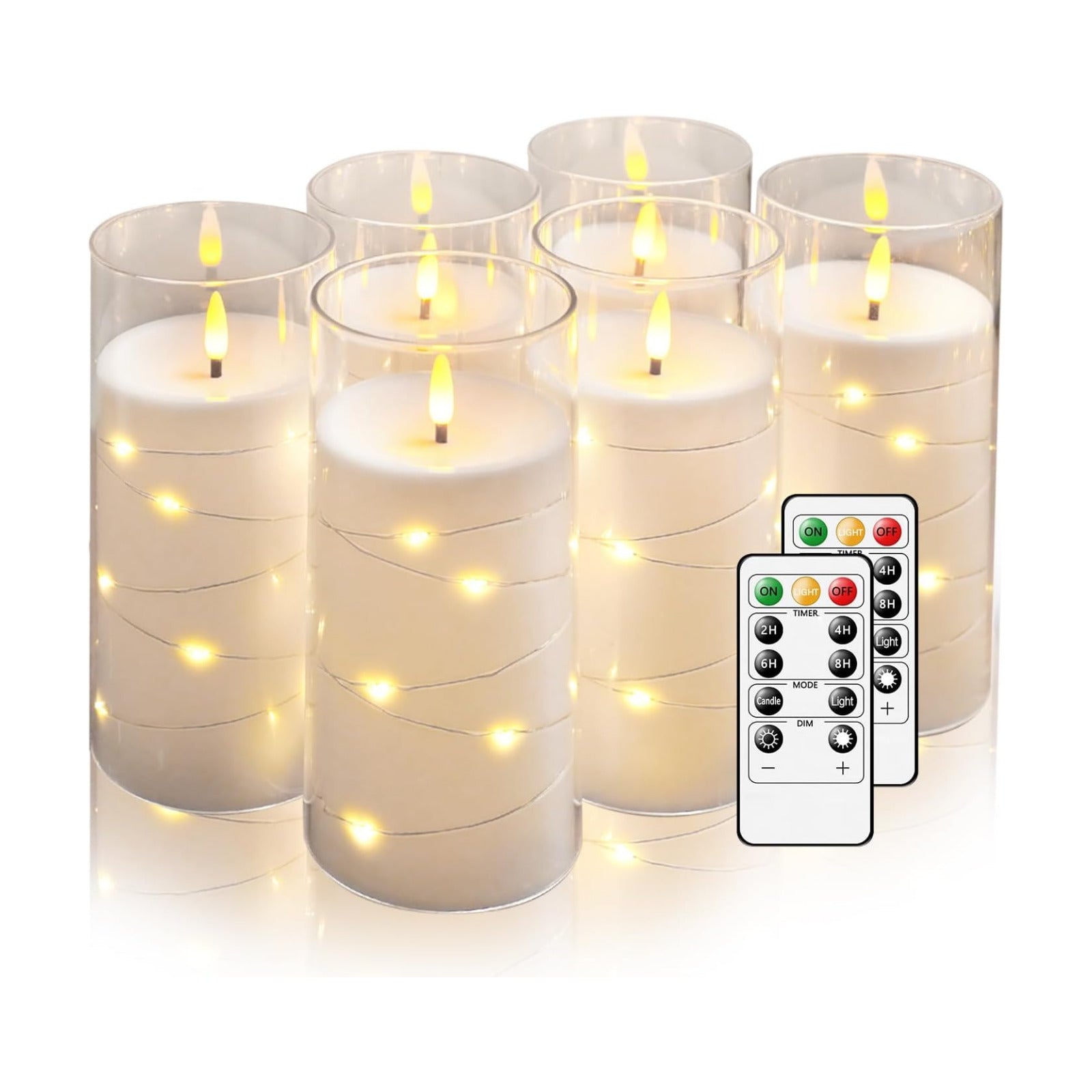 Flickering Flameless Candles with Remote Timer, 6pcs LED Battery Operated Candles with Embedded String Lights White, D3