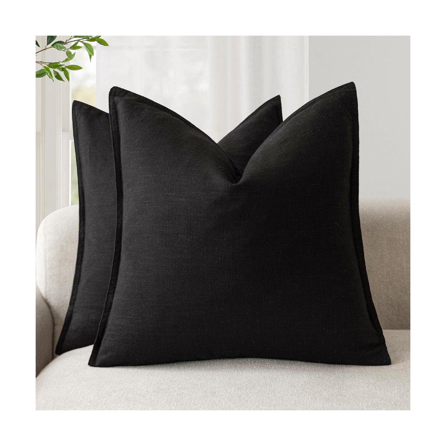Decorative Linen Soild Throw Pillow Covers Soft Accent Cushion Case / 18 x 18 / Black / Set of 2