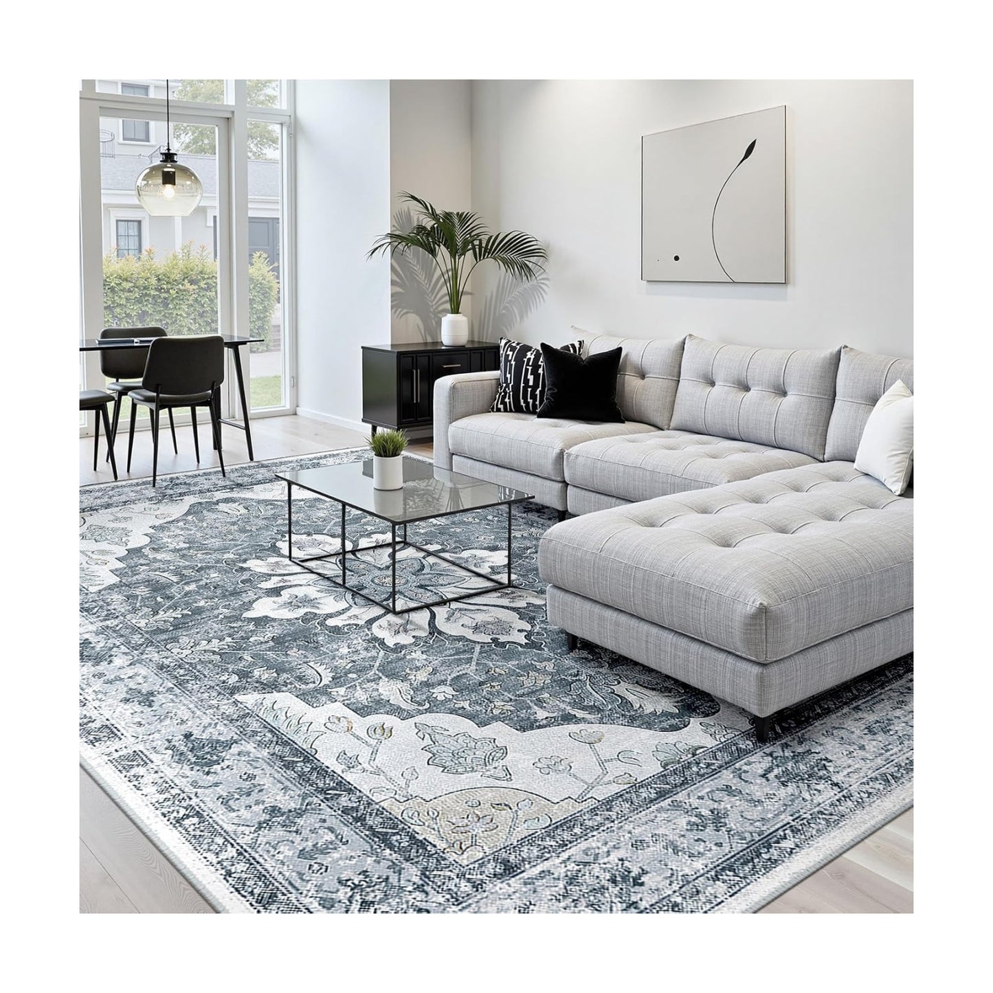 RELEANY Washable Area Rug, 8'x10', Grey/White/Beige