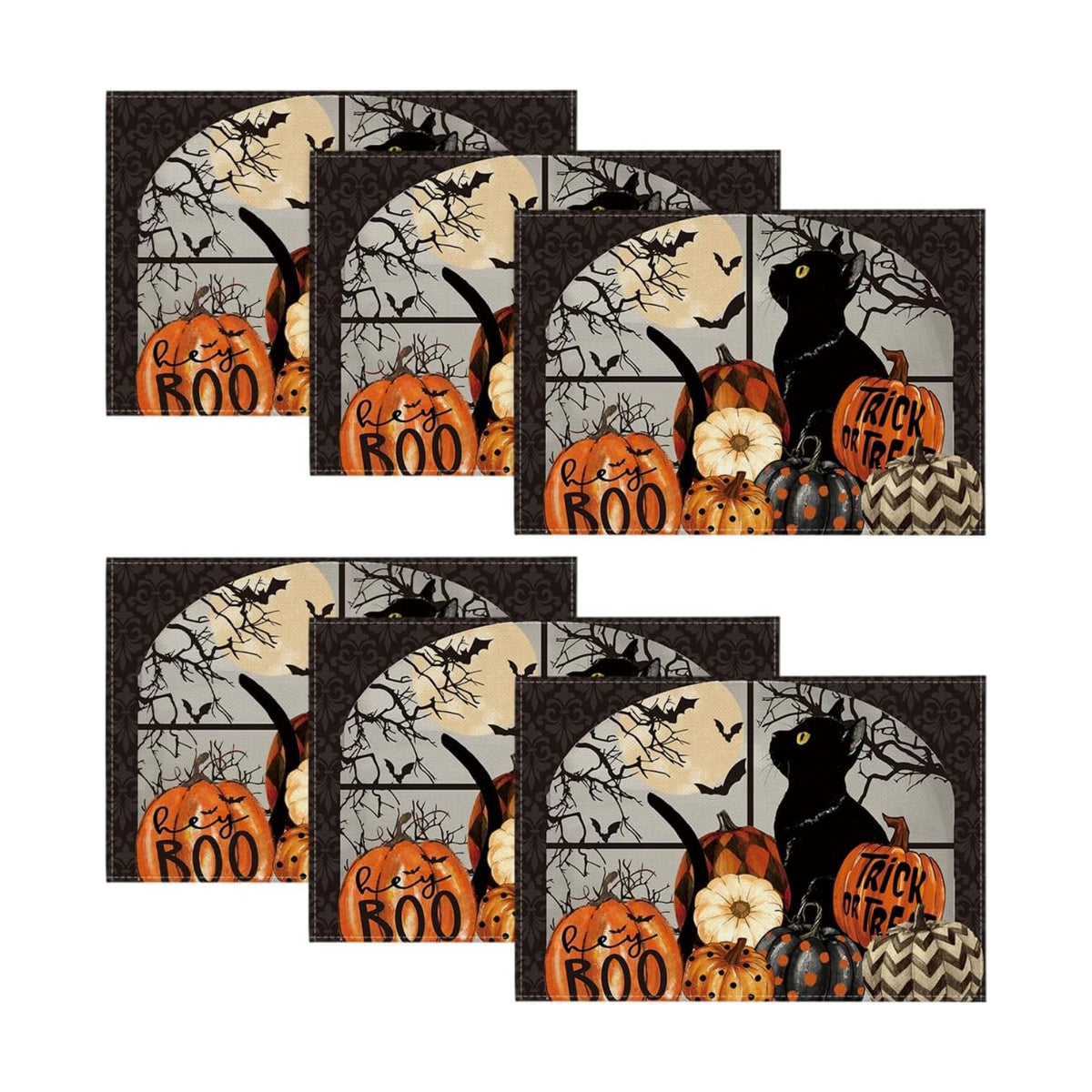Artoid Mode Boo Black Cat Pumpkins Halloween Placemats Set of 6, Trick Or Treat 12x18 Inch Seasonal Fall Holiday Table Mats for Party Kitchen Dining Decoration