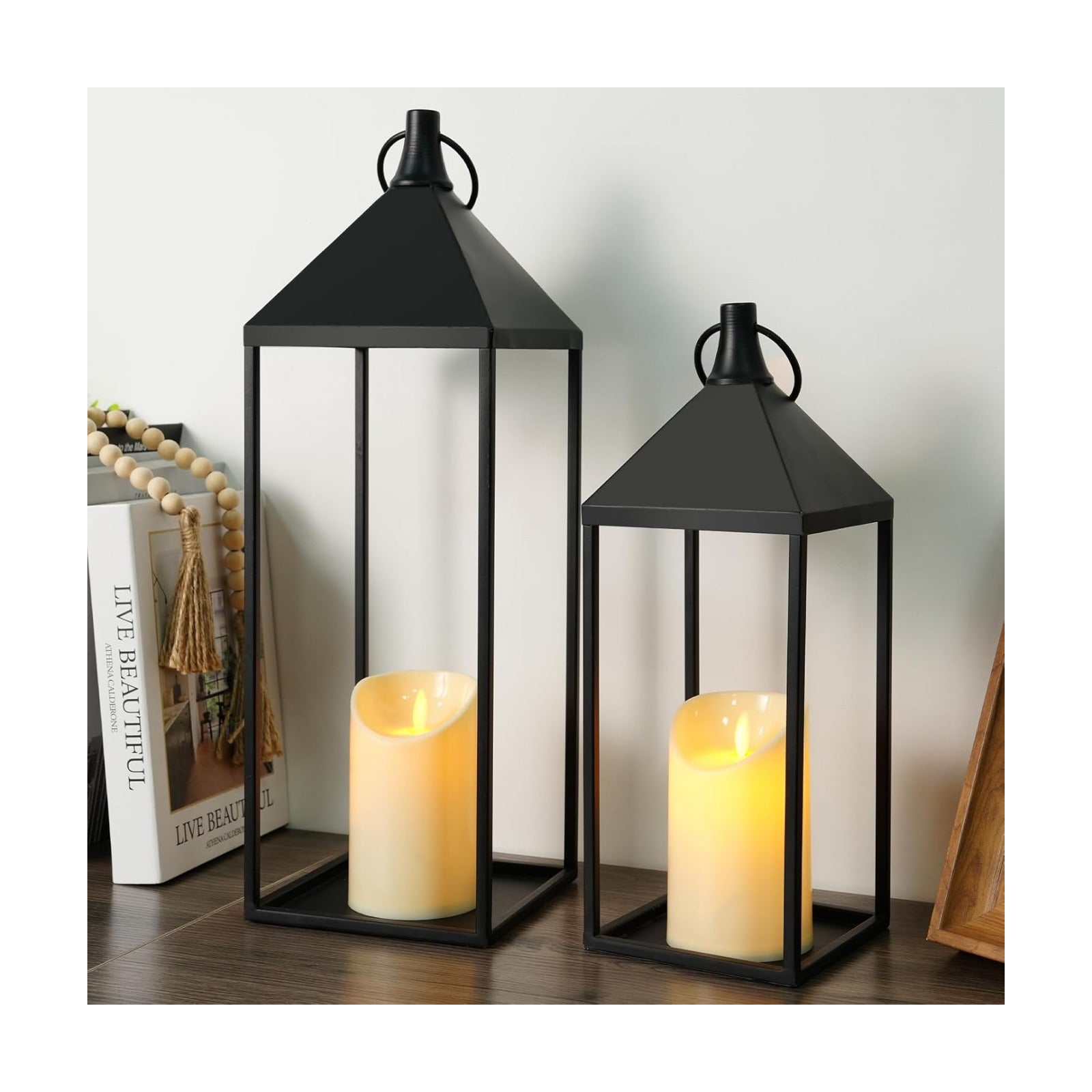 Modern Farmhouse Lantern Decor, 2Pcs Metal Candle Lanterns with Flameless Candles Black Decorative Lantern for Front