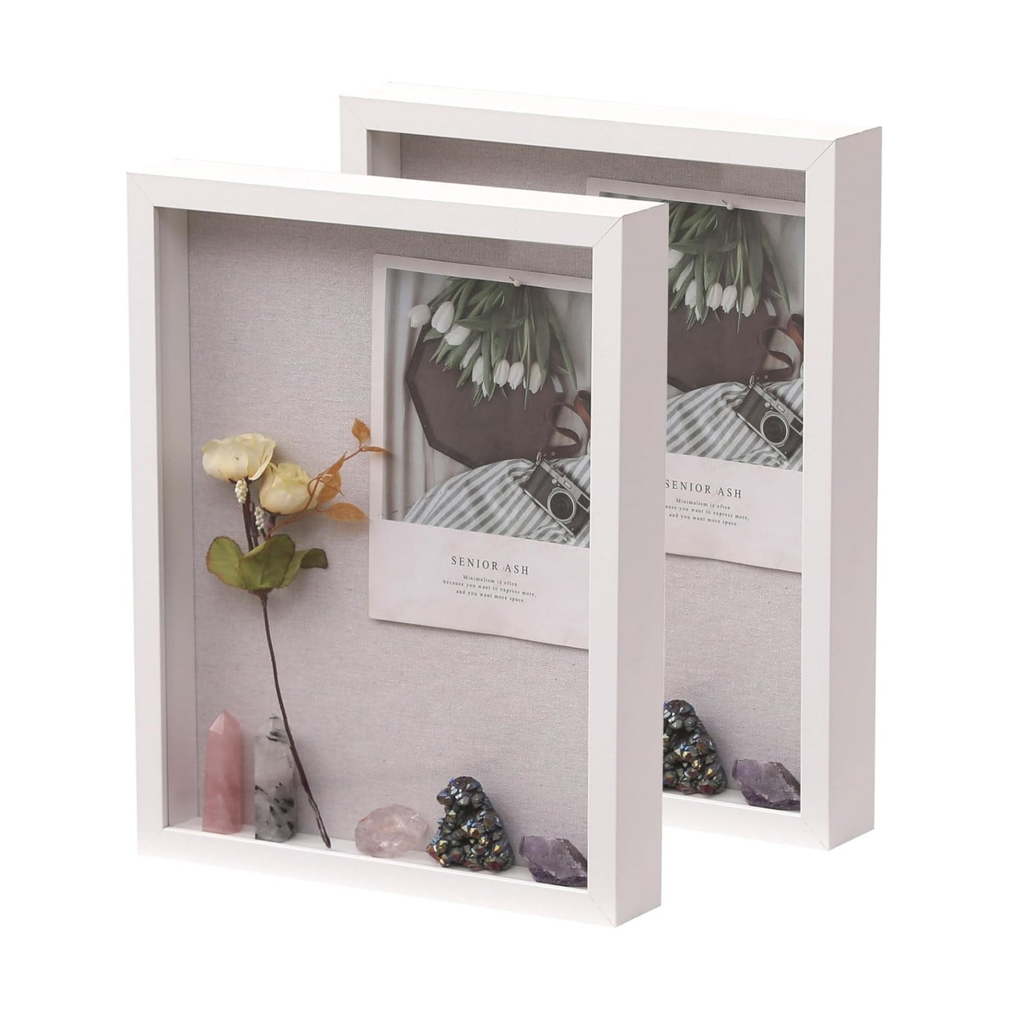 QDSSDECO 11" x 14" Shadow Box Display Case, Linen Back, 2 Pack White | Deep interior, real glass front, wall or