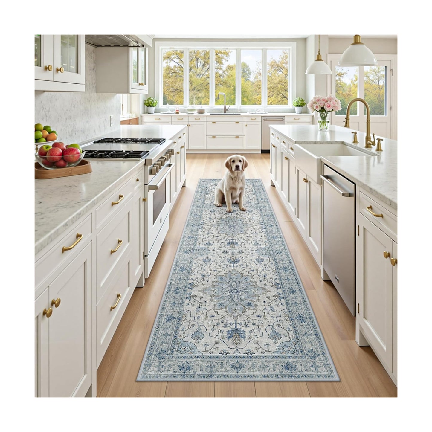 RELEANY Washable Area Rug, Runner 2'x8', Blue/White/Gray