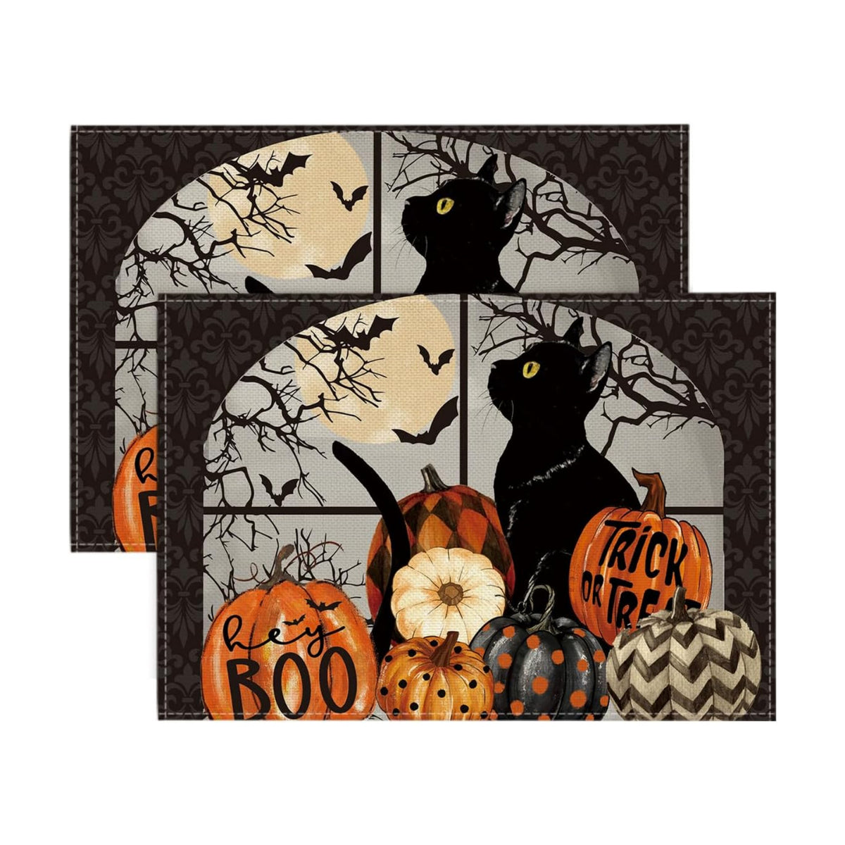 Artoid Mode Boo Black Cat Pumpkins Halloween Placemats Set of 2, Trick Or Treat 12x18 Inch Seasonal Fall Holiday Table Mats for Party Kitchen Dining Decoration