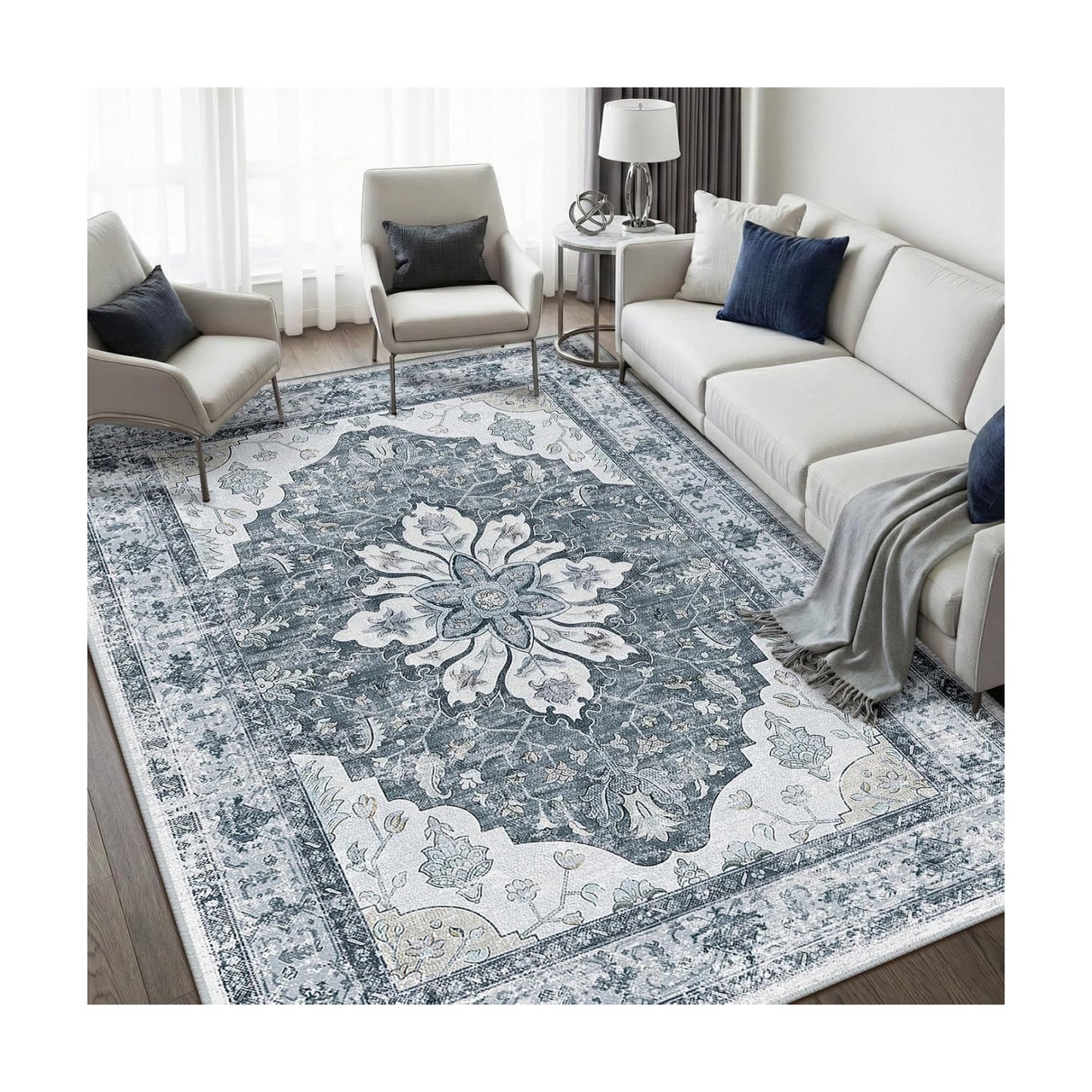 RELEANY Washable Area Rug, 5'x7', Grey/White/Beige