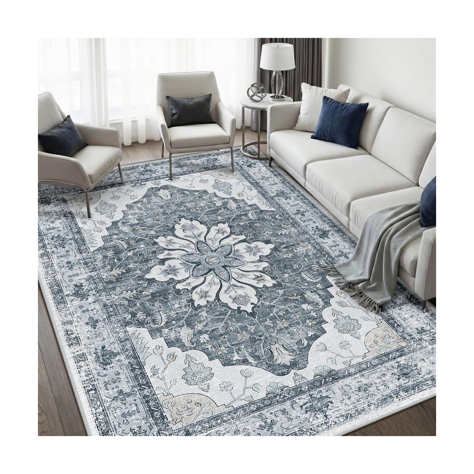 RELEANY Washable Area Rug, 5'x7', Grey/White/Beige