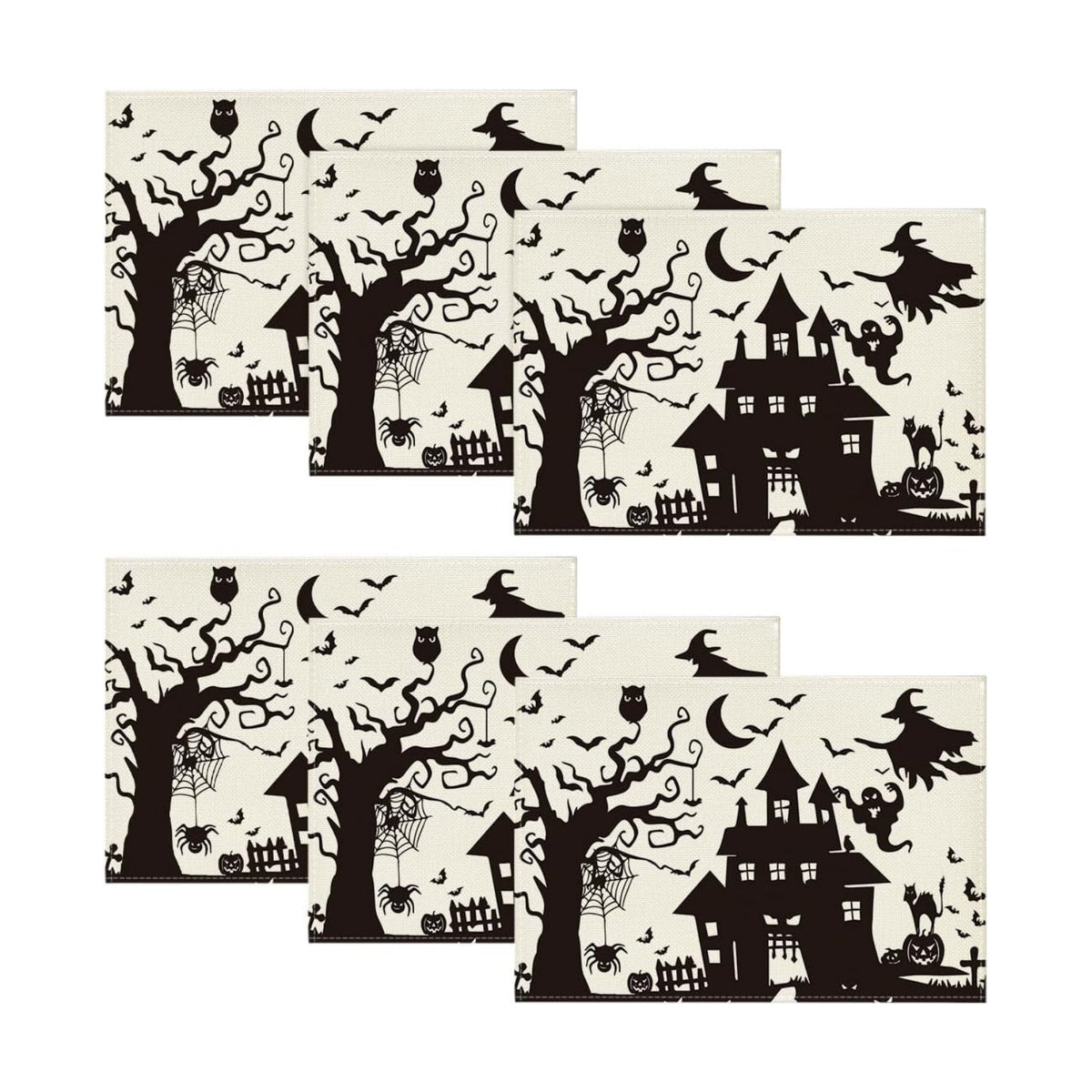 Artoid Mode Black White Spooky Haunted House Tree Ghost Witch Halloween Placemats Set of 6, 12x18 Inch Fall Table Mats for Party Kitchen Dining Decoration