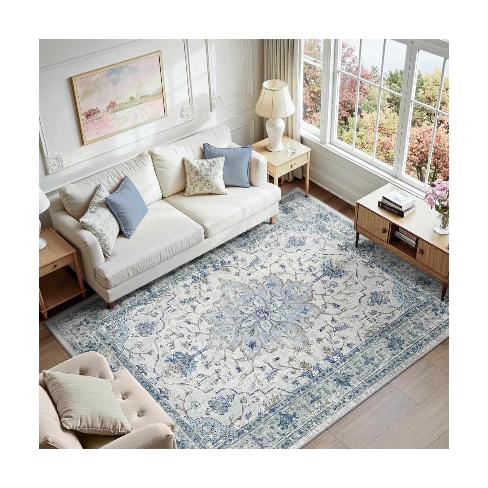 RELEANY Washable Area Rug, 6'x9', Blue/White/Gray